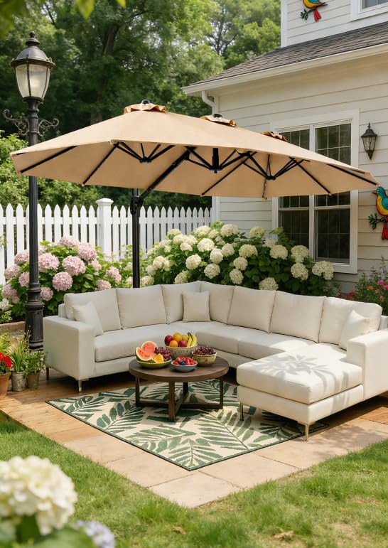 HOMSHADE 15FT Cantilever Double-Sided Umbrella with Solar Light and Base, Rectangle Oversized Offset Patio Umbrellas, Extra Large Outdoor Umbrella for Pool, Deck, Garden (Beige) customer photo 1