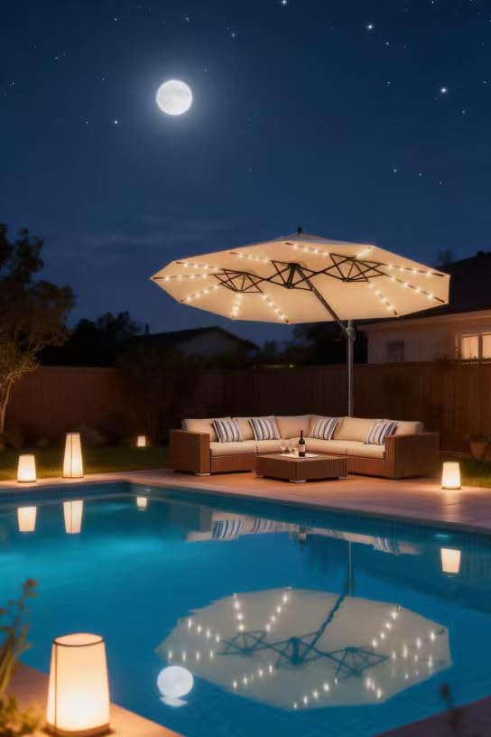 HOMSHADE 15FT Cantilever Double-Sided Umbrella with Solar Light and Base, Rectangle Oversized Offset Patio Umbrellas, Extra Large Outdoor Umbrella for Pool, Deck, Garden (Beige) customer photo 2