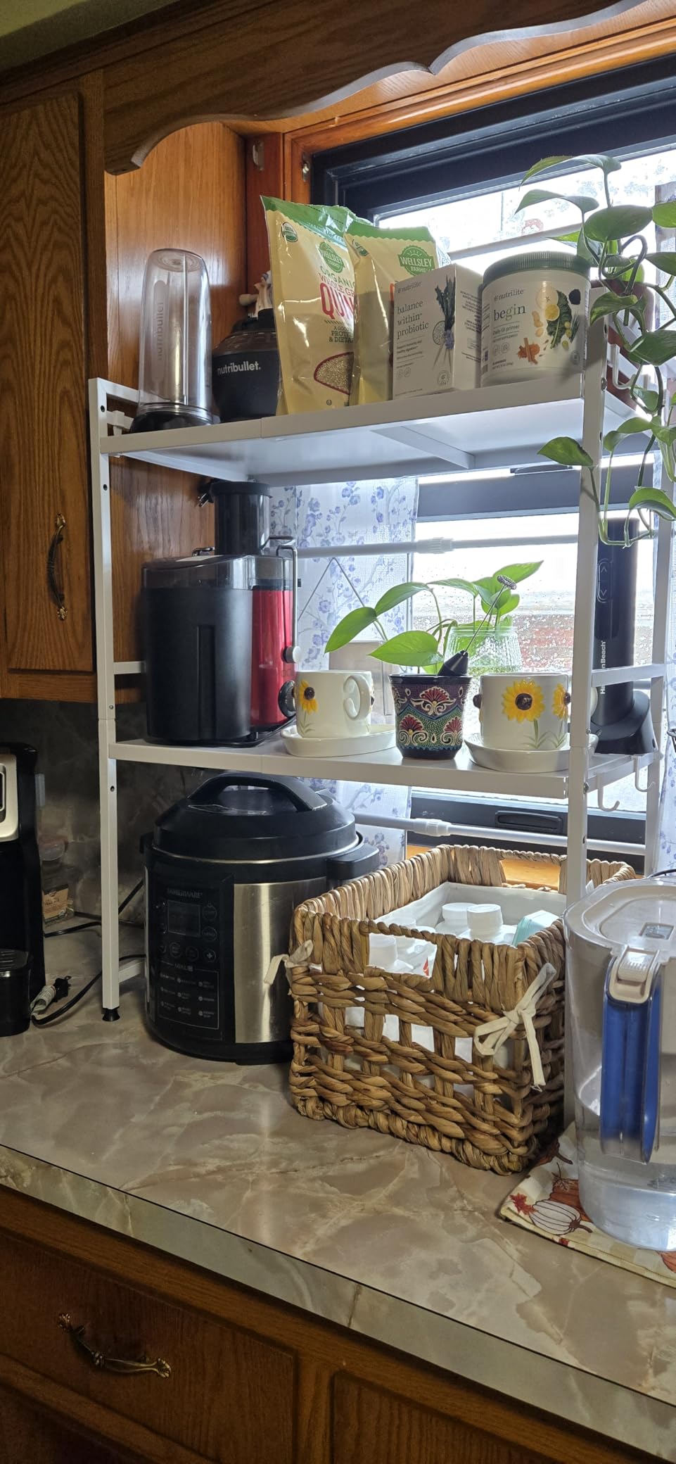 NETEL Expandable Microwave Stand, 2 Tier Metal Kitchen Countertop Organizer Shelves with 8 Hooks customer photo 2