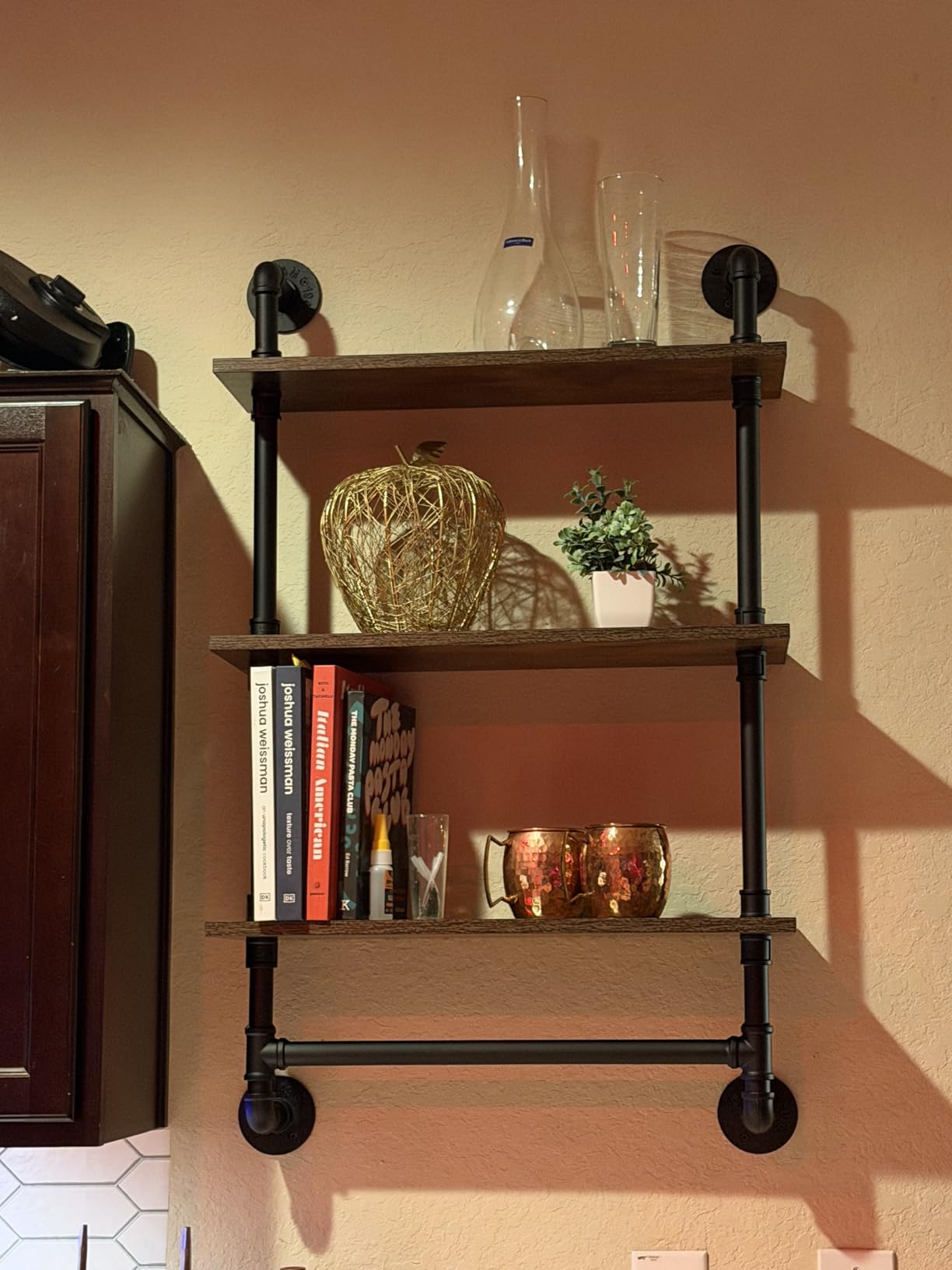 Merapi Industrial Wall Mounted Wine Rack - 2 Tier Floating Bar Shelf with Integrated Dual Glass Holder, Rustic Pipe Design Liquor Storage for Kitchen, Heavy Duty Metal & Wood Construction customer photo 2