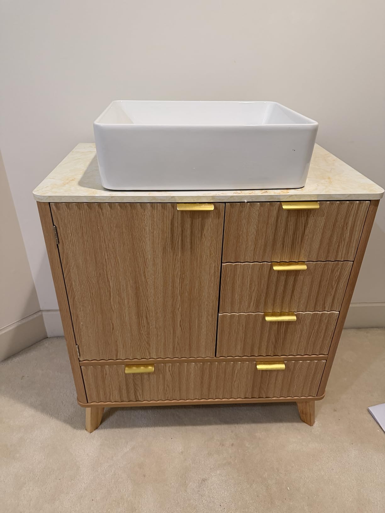 Concho 55'' Fluted Bathroom Vanity with Double Ceramic Sink, Modern Bathroom Sink Storage Cabinet with Wood Marble Top & 4 Spacious Drawers, Freestanding Bathroom Vanity Cabinet, Natural Oak customer photo 1