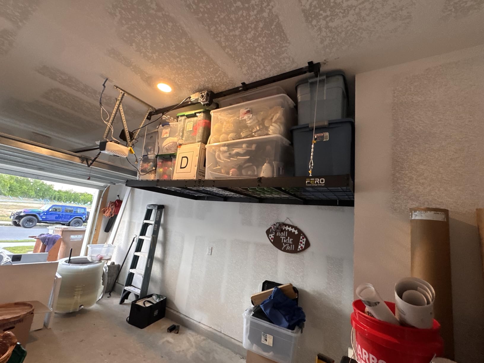 FERO Motorized Overhead Garage Storage Rack with Remote Control, 4x8 FT Ceiling Storage Lift System, Heavy-Duty Ceiling Mounted Organizer, Space-Saving Hanging Garage Shelves, 325 LBS Capacity customer photo 1