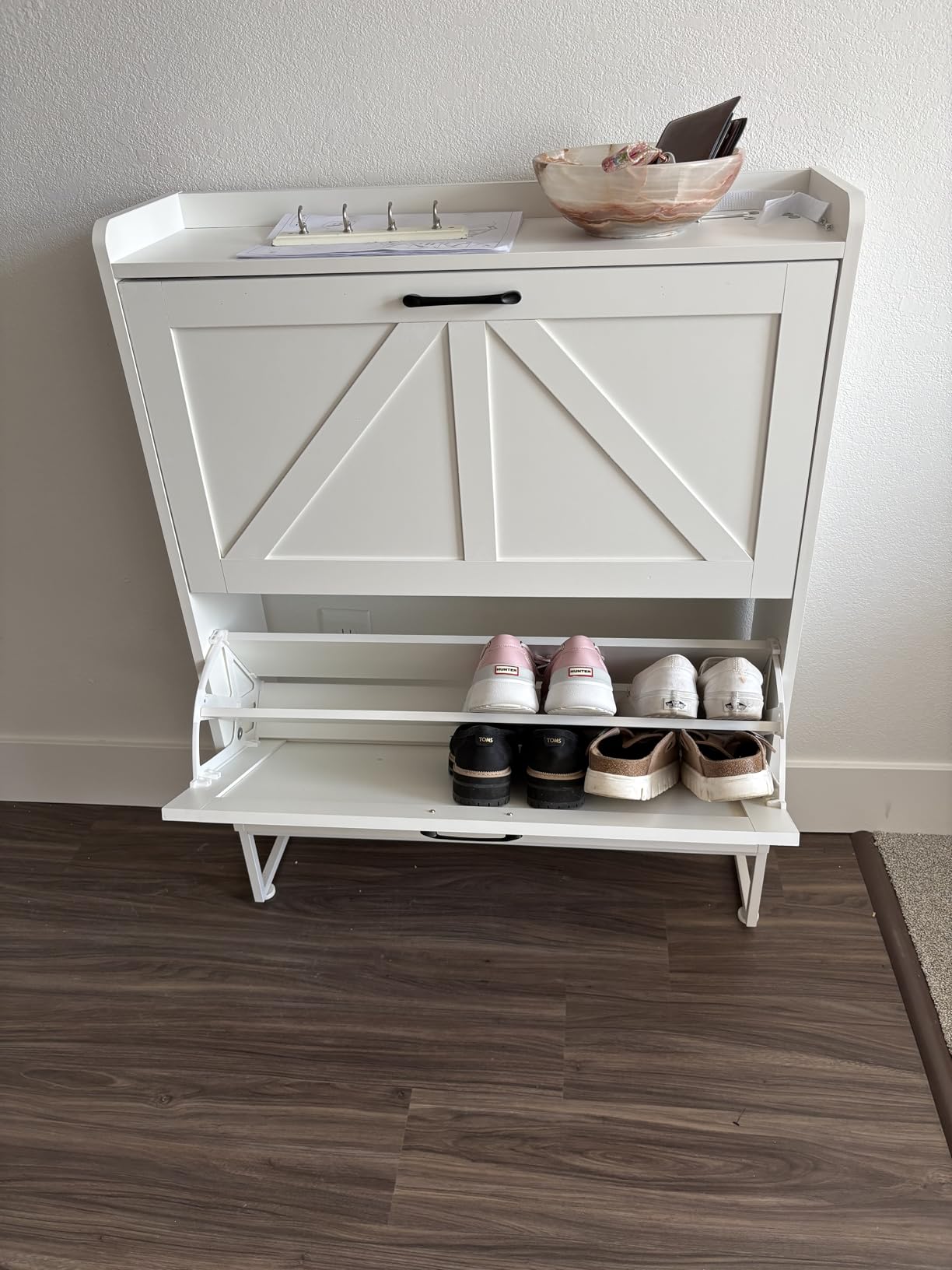 Shoe Cabinet, Shoe Storage Cabinet with 2 Flip Drawers & Adjustable Shelf, Space-Saving Shoe Organizer - Holds 16+ Pairs, Narrow Shoe Cabinet Storage for Entryway/Hallway (White) customer photo 1