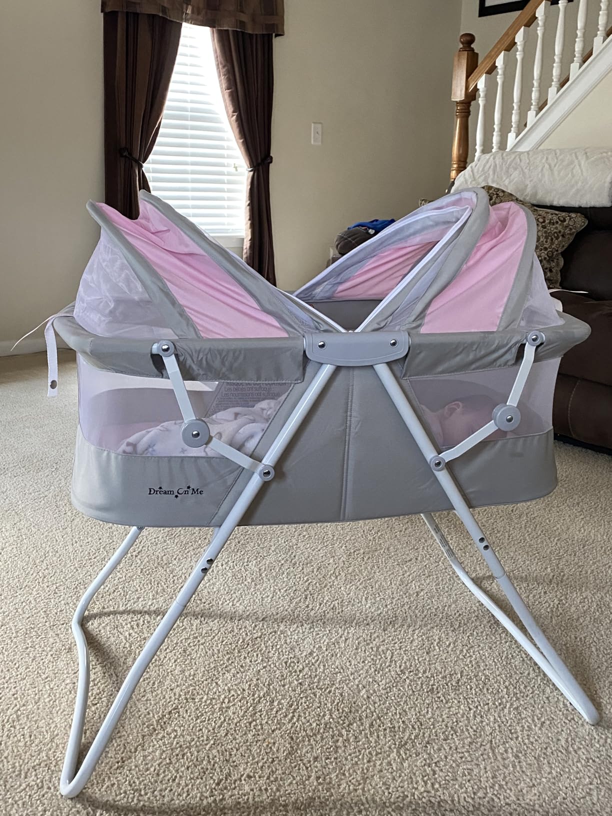 Dream On Me Karley Bassinet, Award Winner Lightweight Travel Baby Bassinet, Foldable Bedside Sleeper, Adjustable Double Canopy, Spacious Design, Soft Fabric, Storage Basket - Blue and Grey customer photo 1