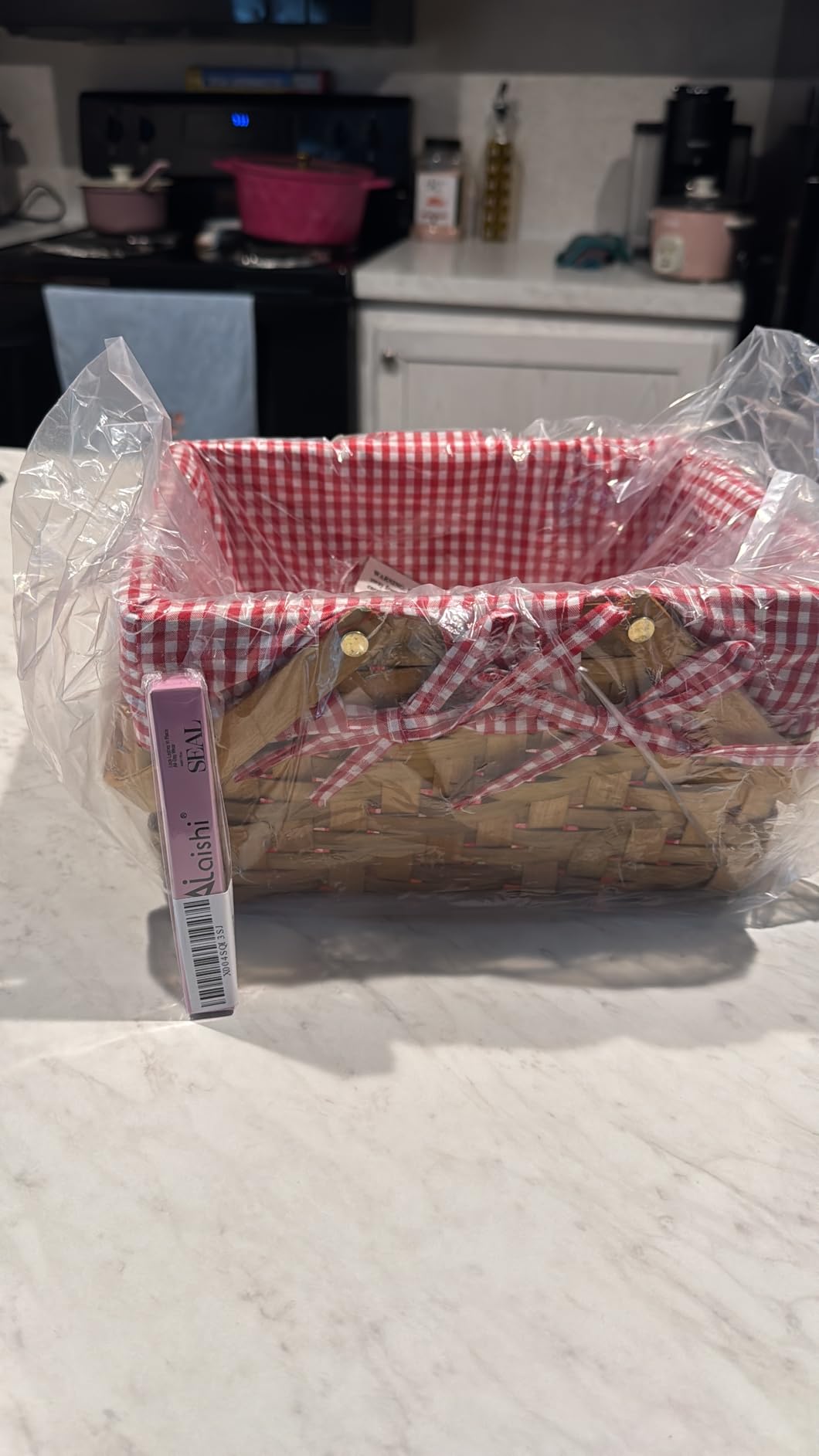 Wickerwise Small Rectangular Woodchip Picnic Baskets with Double Folding Handles, Natural Hand-Woven Basket Lined with Gingham Red and White Lining Great for Gifts customer photo 2