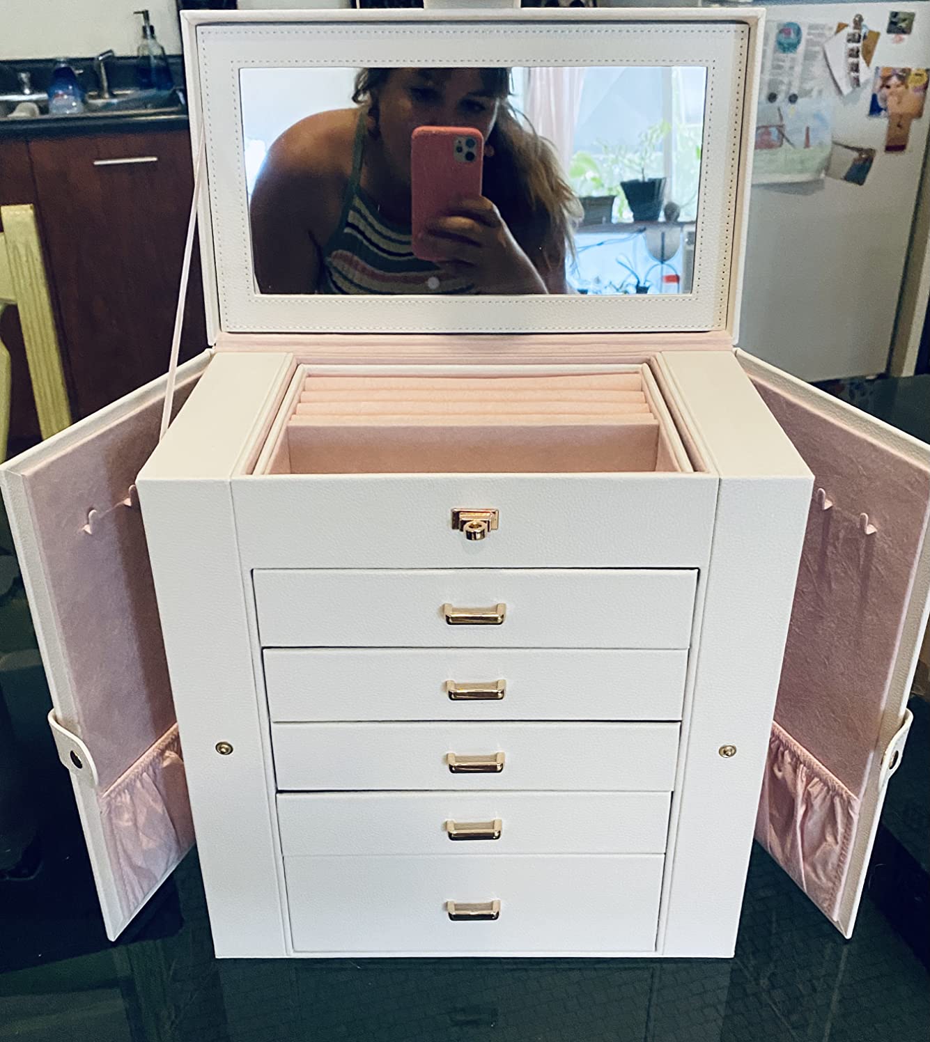 Kendal Extra Large Jewelry Box Jewelry Case PU Leather 6 Tier 5 Drawers Large Storage Capacity with Mirror Jewelry Storage Organizer Great Gift Also Good For Watches LJC-SHD5BK (black) customer photo 1