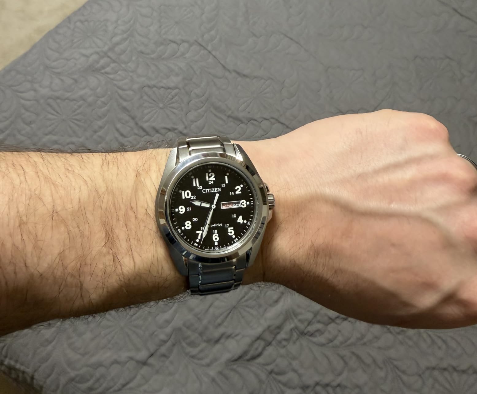 Citizen Men's Eco-Drive Weekender Garrison Field Watch in Stainless Steel, Black Dial, Arabic Markers, Luminous, 43mm (Model: AW0050-82E) customer photo 2