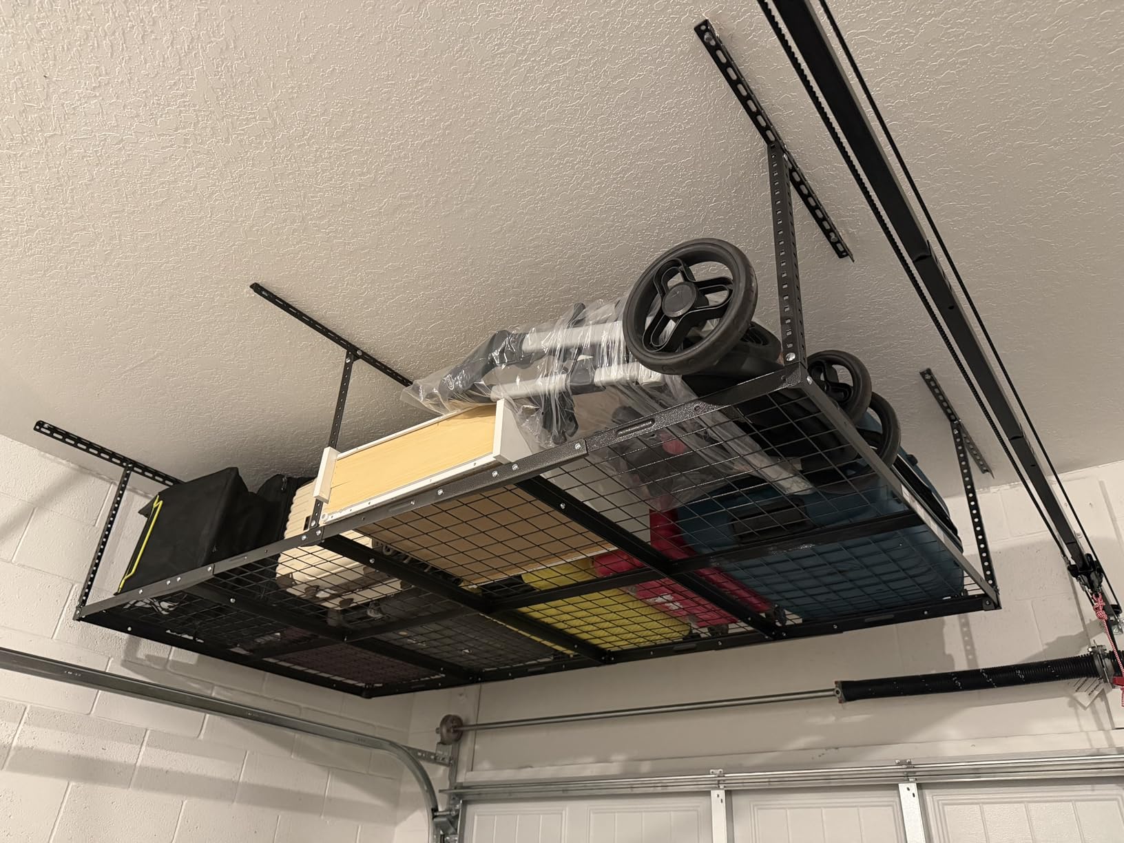 FLEXIMOUNTS 4x8 Overhead Garage Storage Rack, Adjustable Organization System, Heavy-Duty Metal Ceiling Racks, 750lbs Weight Capacity, Black, Classic Series customer photo 2