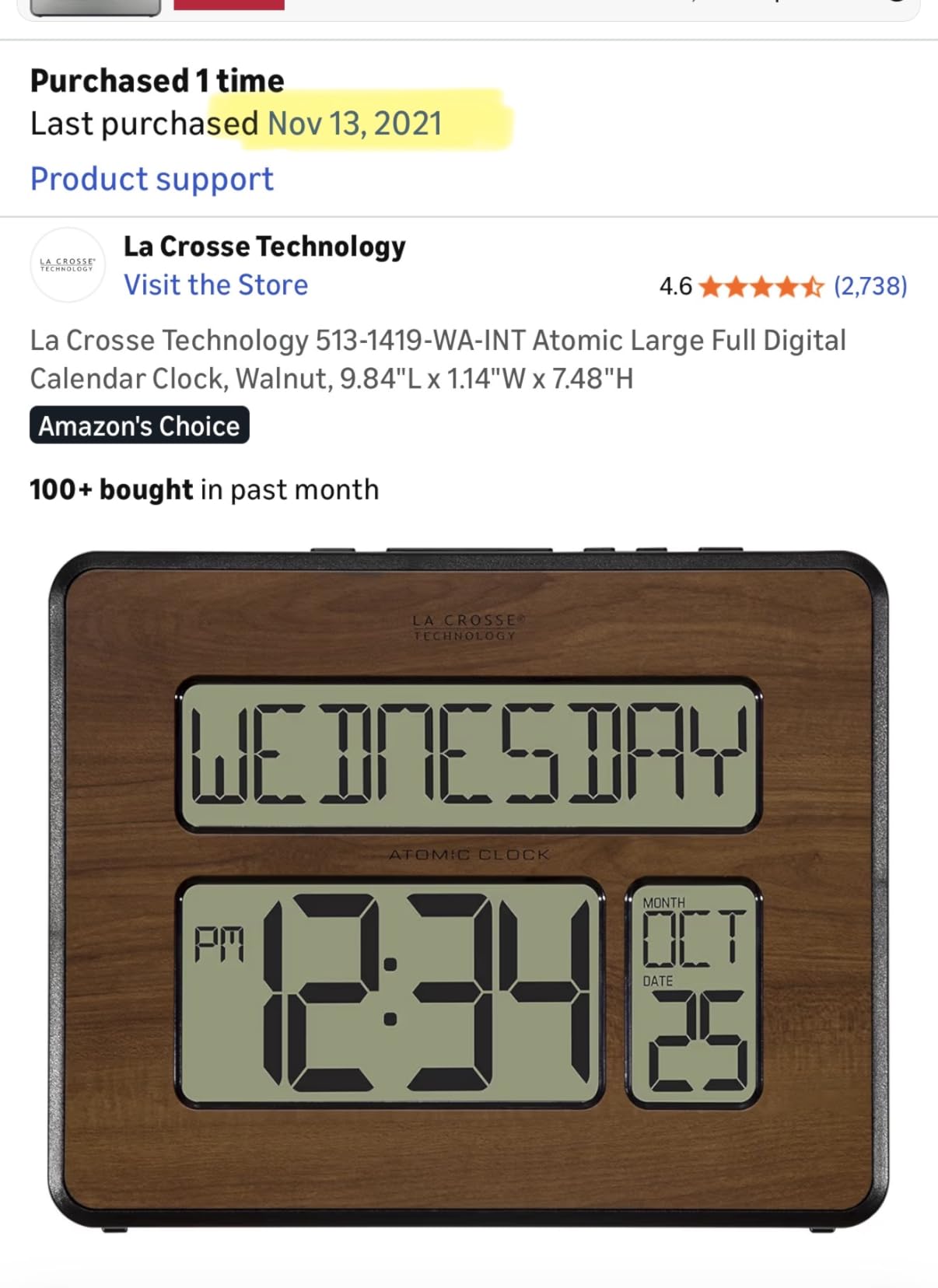 La Crosse Technology 513-1419-WA-INT Atomic Large Full Digital Calendar Clock, Walnut customer photo 1