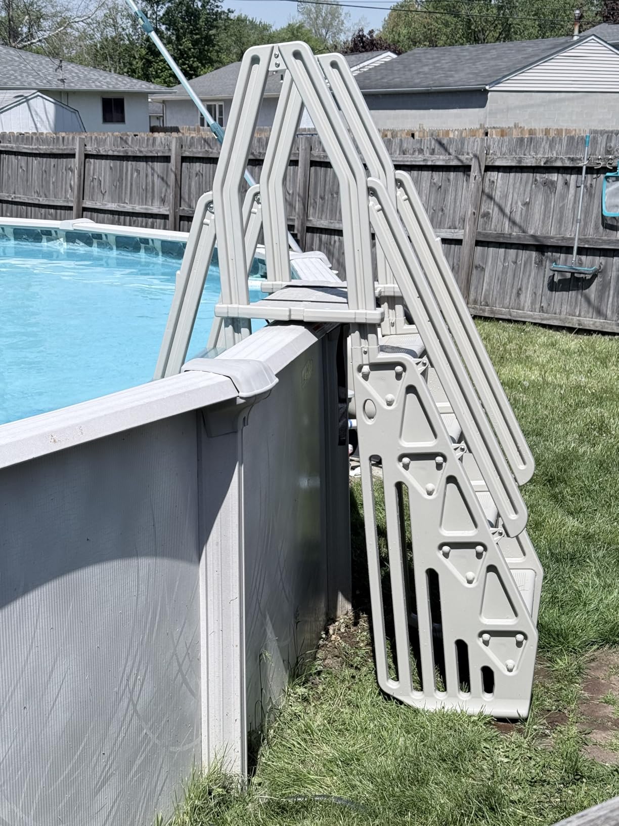 Vinyl Works 24 Inch Double Pool Step Ladder with Gate, Adjustable Stair Entry System with Handrails for Above Ground Swimming Pools, Taupe customer photo 2