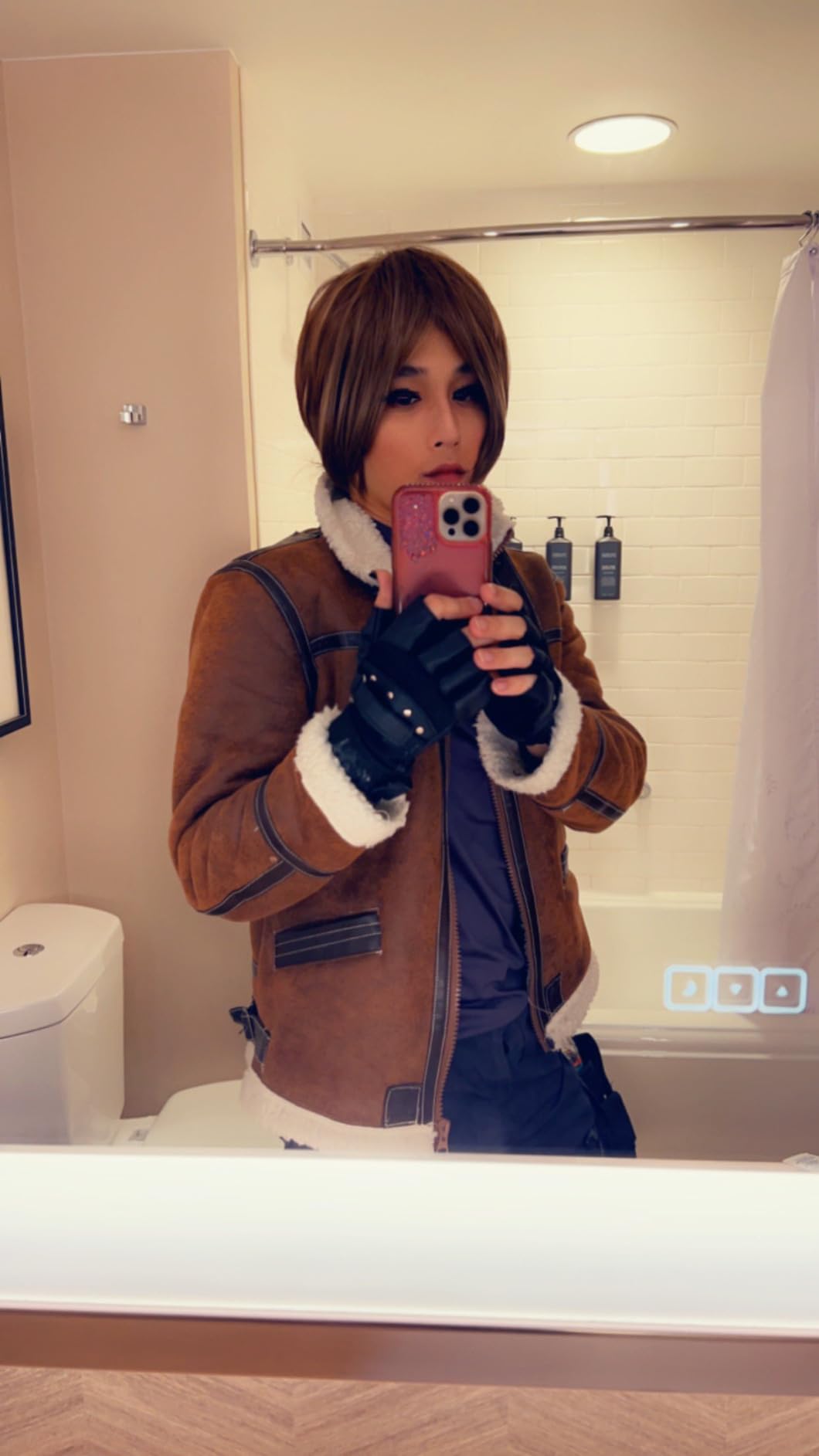 Men's Faux Leather Jacket Brown Motorcycle Bomber Shearling Suede Stand Collar customer photo 2