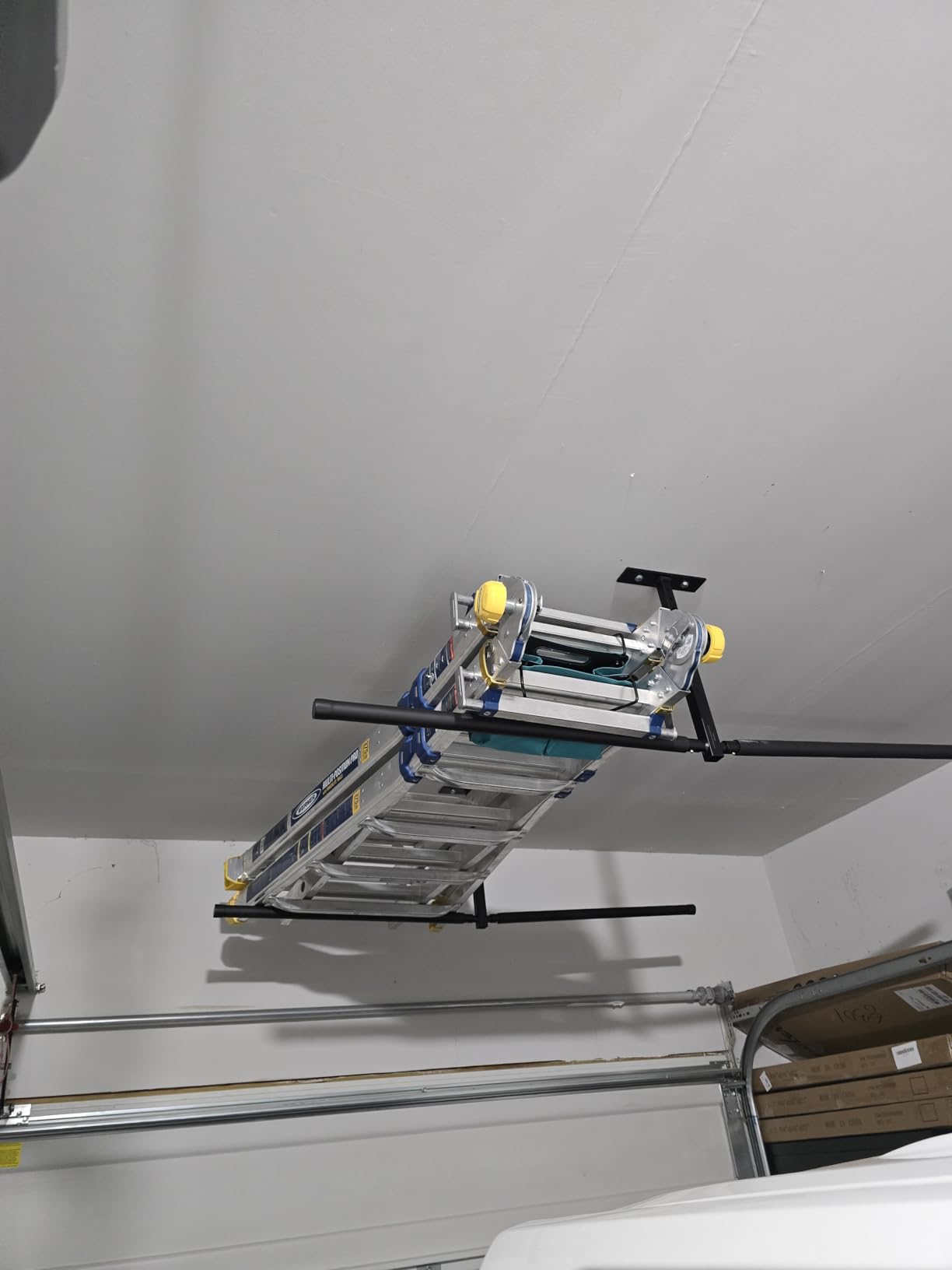 StoreYourBoard Adjustable Overhead Ladder Rack - Garage Organizer Ladder Shelf for Step & Extension Ladders - Storage Racks and Shelving for Garage Organization - Ceiling Mounted - Holds 150 lbs customer photo 1