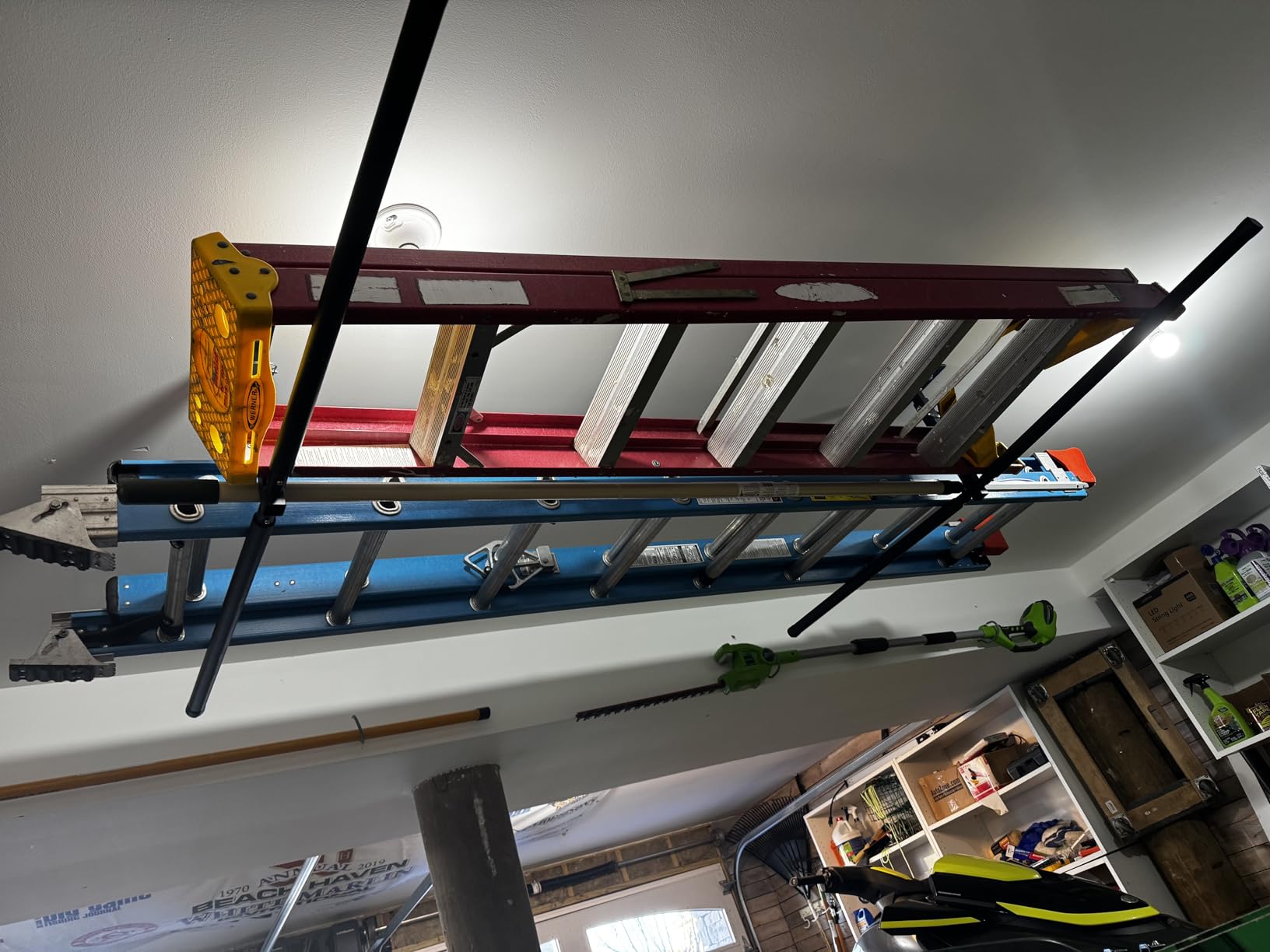 StoreYourBoard Adjustable Overhead Ladder Rack - Garage Organizer Ladder Shelf for Step & Extension Ladders - Storage Racks and Shelving for Garage Organization - Ceiling Mounted - Holds 150 lbs customer photo 2