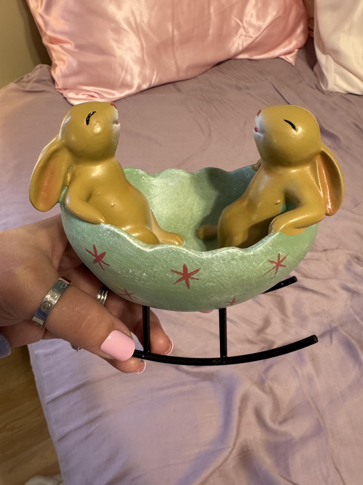 KiaoTime Laughing Bunny Rabbits Rocking in an Easter Egg Cradle Spring Easter Decoration Vintage Rustic Country Bunnies Rabbit Figurine Statue (Bunnies in a Cradle) customer photo 2