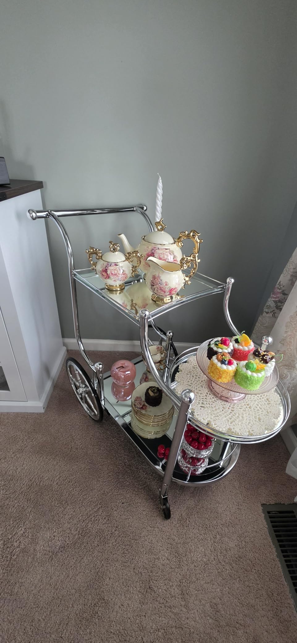 Tangkula Bar Cart, 3-Tier Rolling Home Bar Serving Cart with Mirrored Shelves & 4 Wheels, Mobile Beverage & Wine Cart for Kitchen, Dining Room, Living Room (Silver) customer photo 1