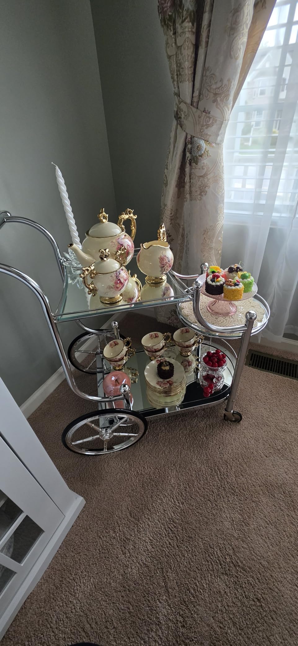 Tangkula Bar Cart, 3-Tier Rolling Home Bar Serving Cart with Mirrored Shelves & 4 Wheels, Mobile Beverage & Wine Cart for Kitchen, Dining Room, Living Room (Silver) customer photo 2