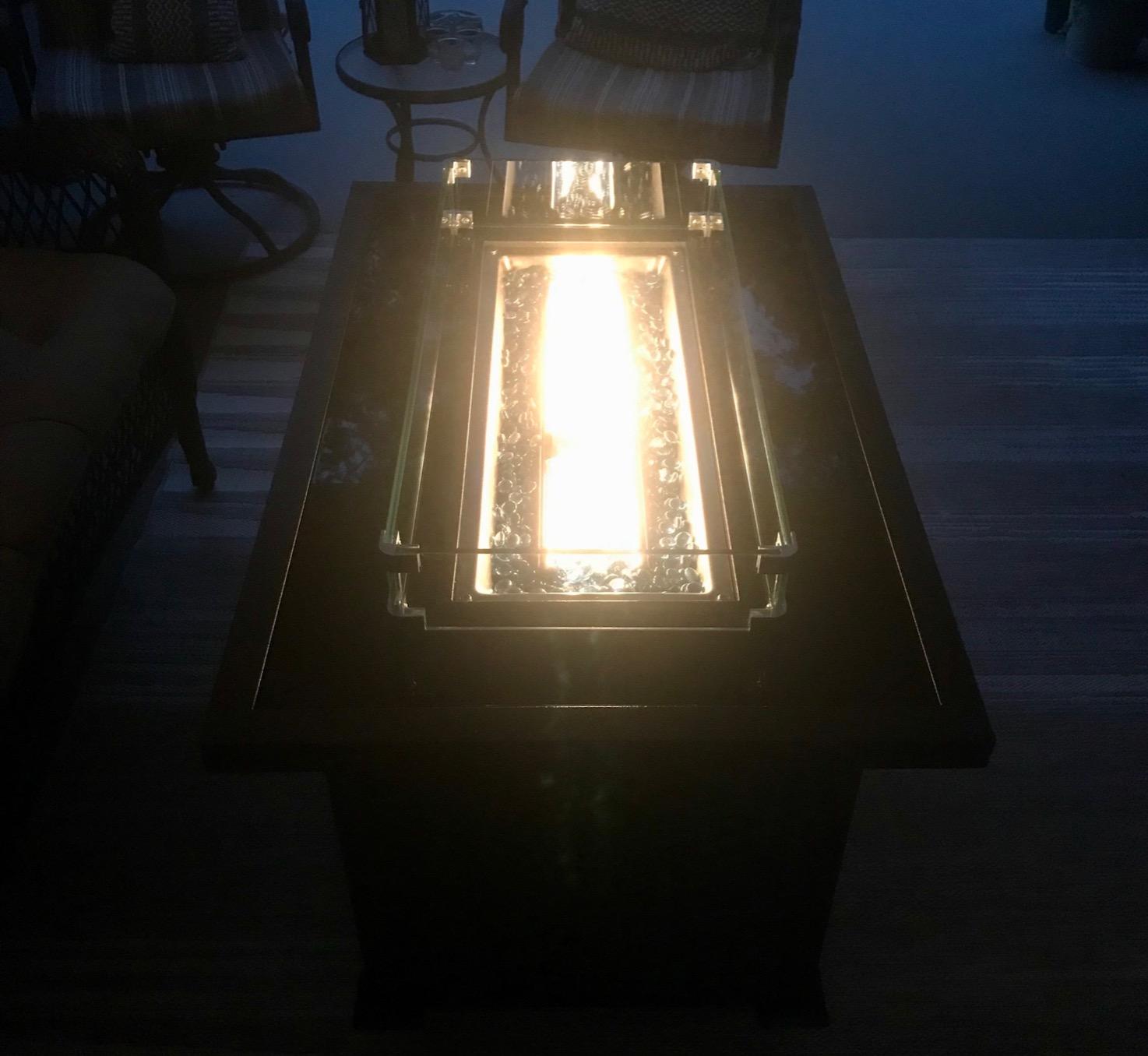 U-MAX 44in Outdoor Propane Gas Fire Pit Table, 50,000 BTU Auto-Ignition Gas Firepit with Glass Wind Guard, Black Tempered Glass Tabletop & Blue Glass Rock, Brown PE Rattan, CSA Certification customer photo 2