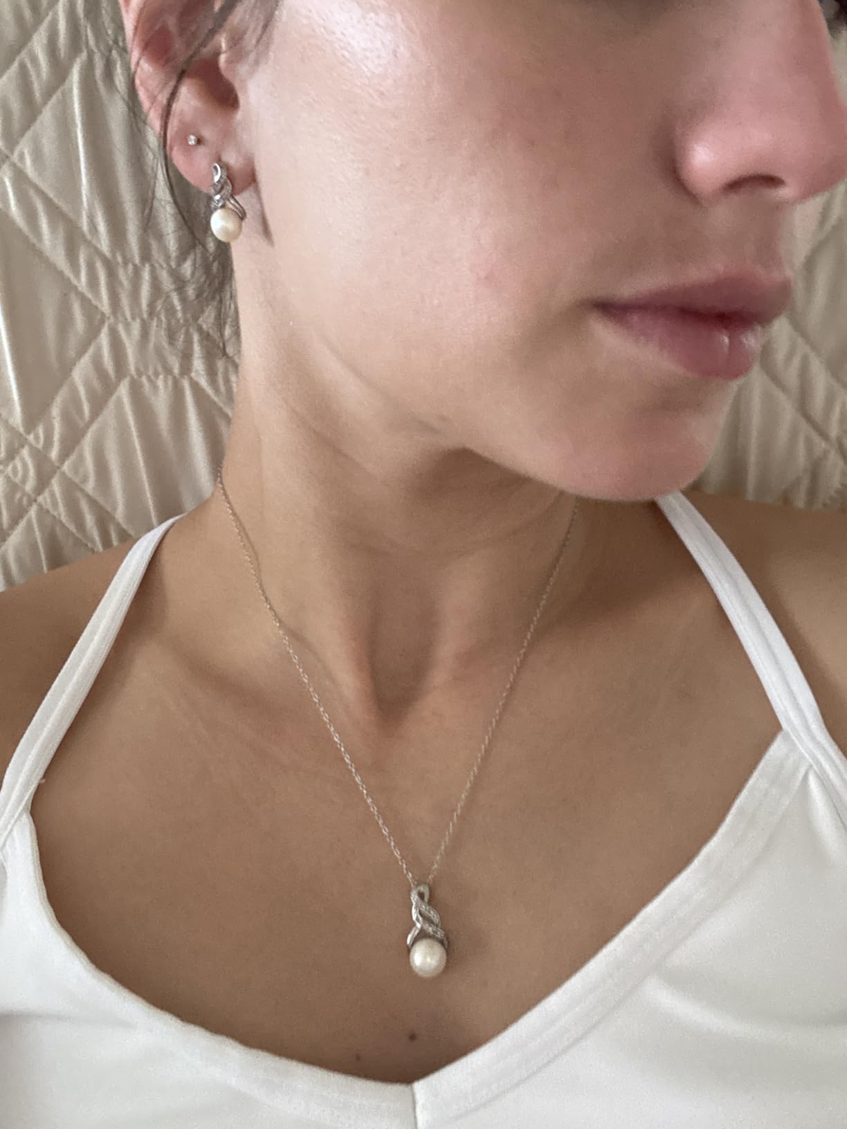Real Diamond Sterling Silver Pearl Necklace and Earring Set | Hypoallergenic Real Cultured Freshwater Pearl Jewelry Set with 18 Inch Silver Chain | Diamond Bridal Bridesmaid Set for Women with Gift Box by MAX + STONE customer photo 1
