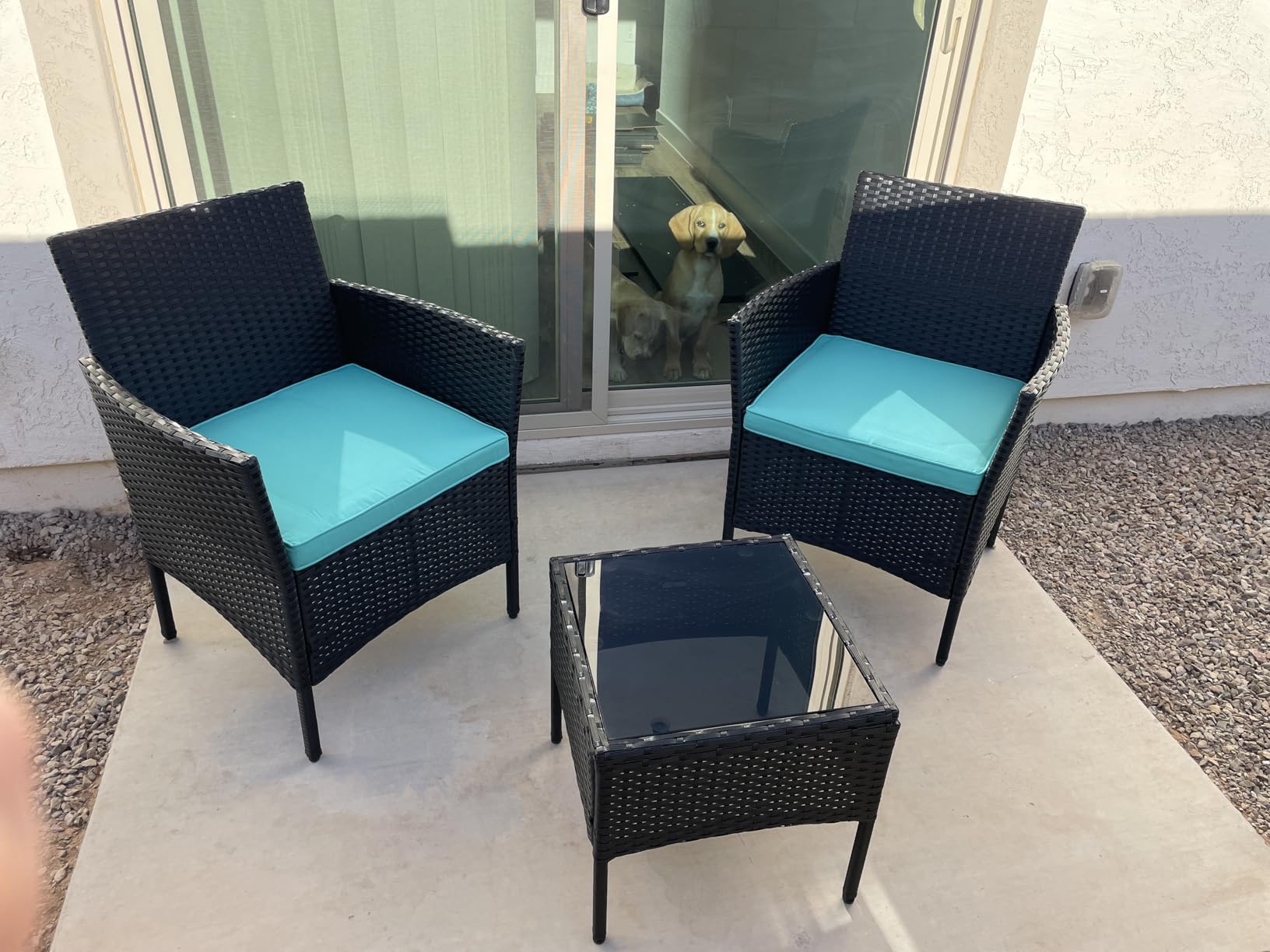 Yaheetech 3 Pieces Patio Porch Furniture Set, Outdoor PE Rattan Wicker Conversation Set with Soft Cushions, Glass Coffee Table & 2 Chairs for Garden/Deck/Courtyard/Poolside, Black/Gray customer photo 1