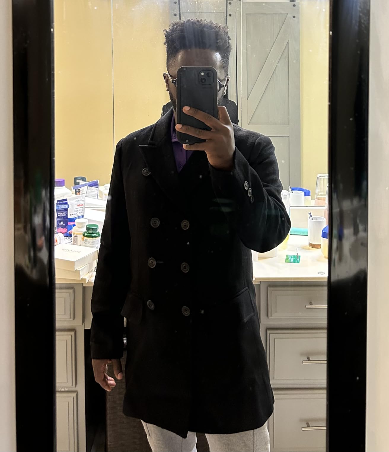 Men's Premium Wool Blend Double Breasted Long Pea Coat customer photo 1