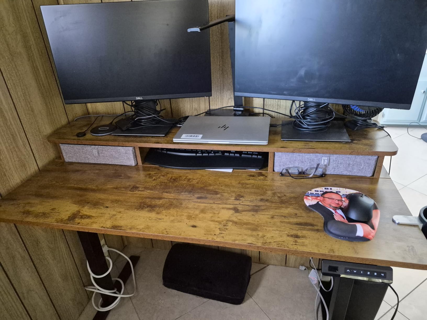 FEZIBO 48 x 24 Inch Height Adjustable Electric Standing Desk with Double Drawer, Stand Up Table with Storage Shelf, Sit Stand Desk, Rustic Brown customer photo 2