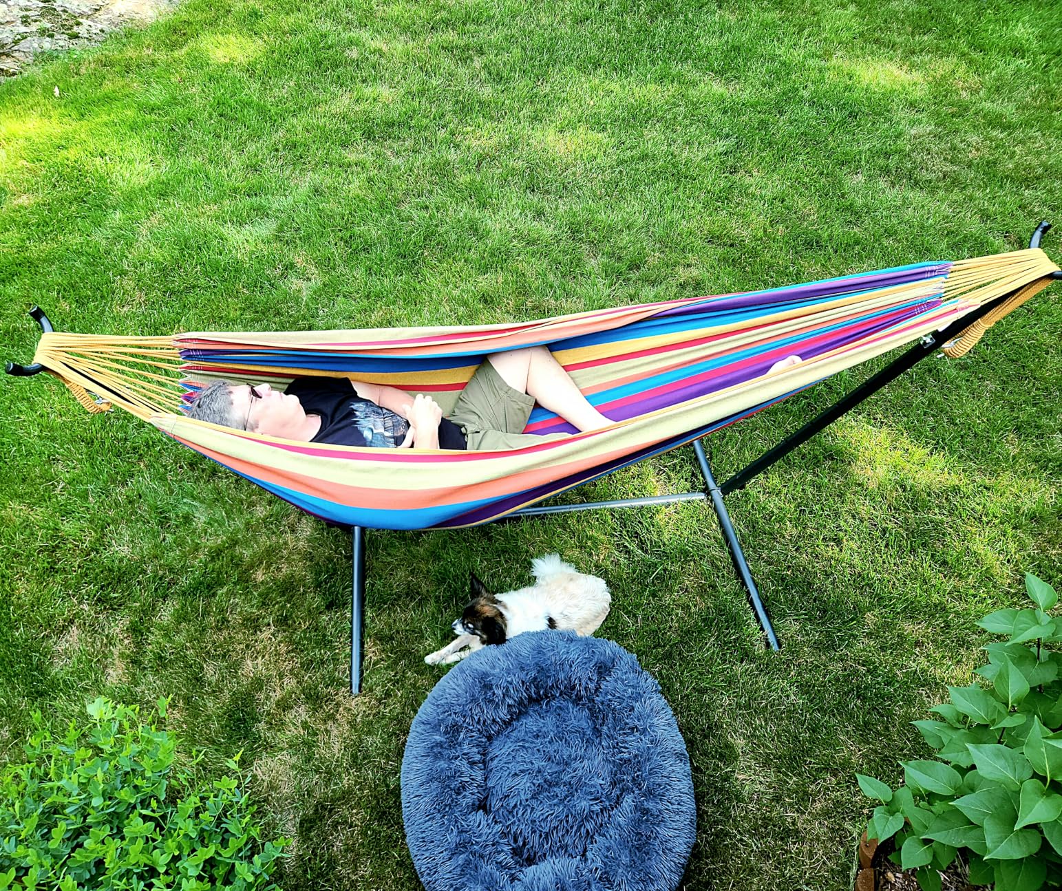 Vivere Double Cotton Hammock with Space Saving Steel Stand, Upgraded Polyester End Strings 450 lb Capacity - Premium Carry Bag Included - USA Grown Cotton (Island Breeze) customer photo 1