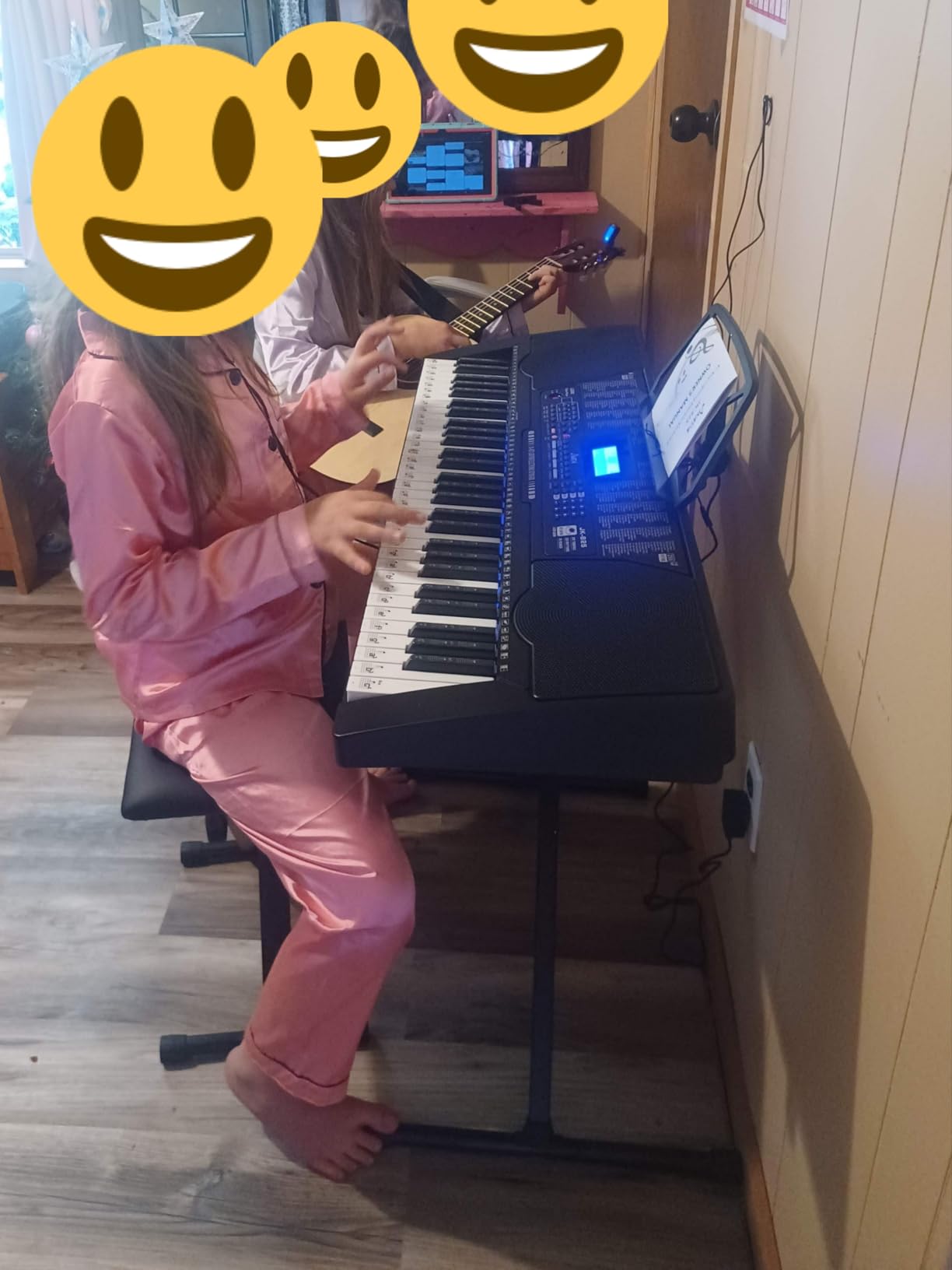 61 Key Portable Electronic Keyboard Piano w/Lighted Full Size Keys, LCD, Headphones, X-Stand, Stool, Music Rest, Microphone, Note Stickers, Built-In Speakers, 3 Teaching Modes customer photo 1