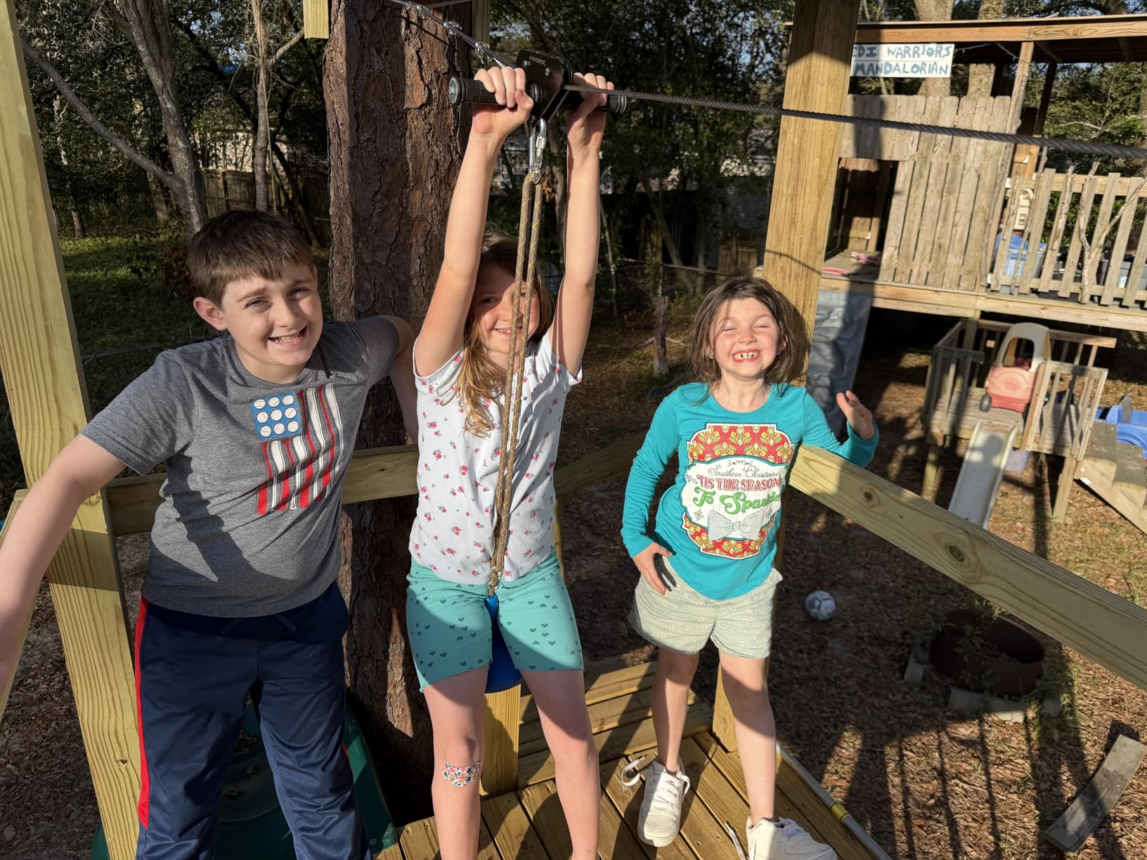 Zip Line Kit for Kids and Adults, 100/120/150/200 ft, Up to 350 Lbs, Rustproof Stainless Steel, Quick Setup with Ratchet, Safety Harness, Backyard Adventure Fun Includes Climbing Holds customer photo 1
