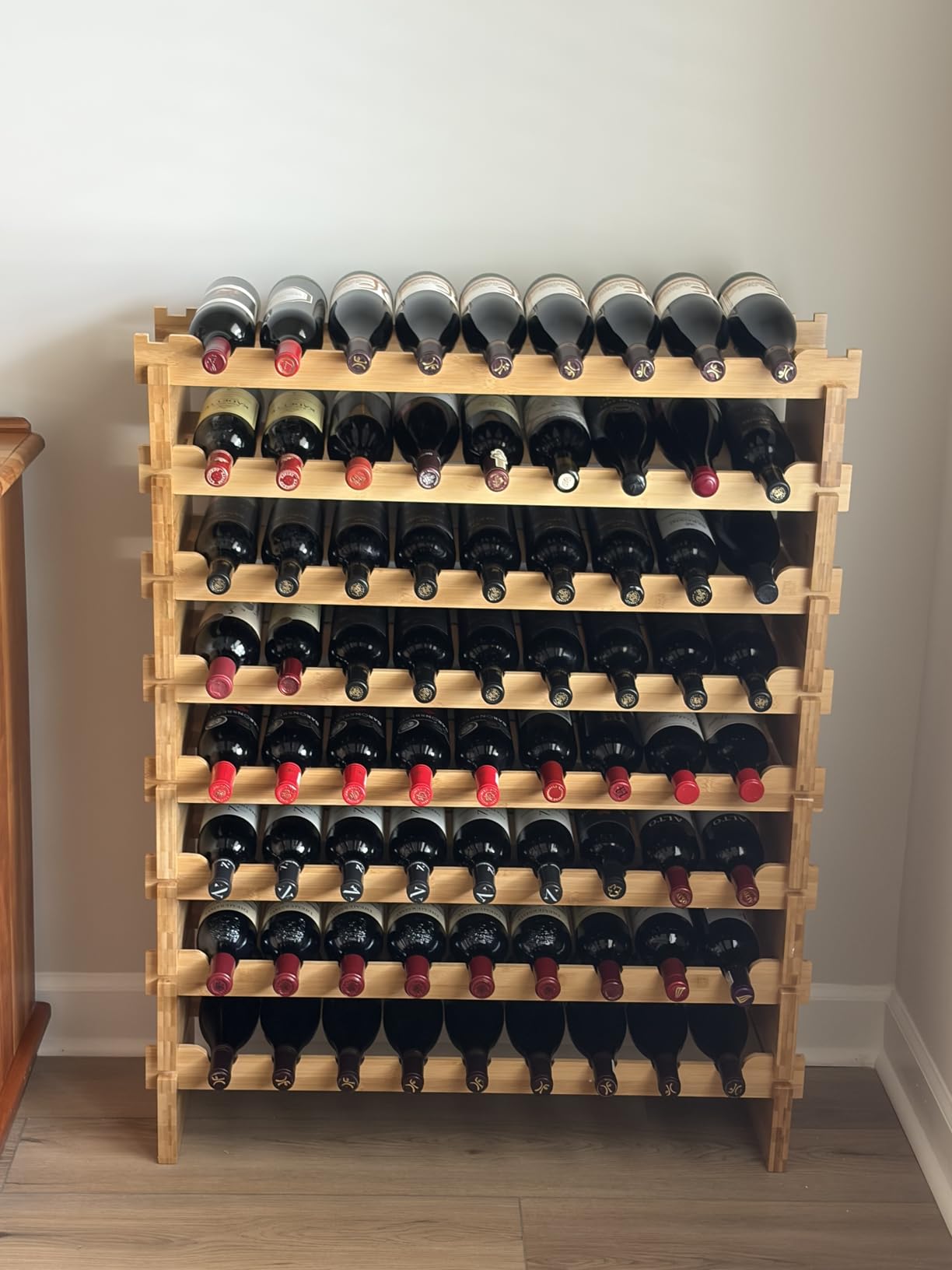 NutriChef 72 Bottle Wine Rack Stackable Bamboo Freestanding, 8-Tier Modular Shelf, Sturdy Wobble Free, Upgraded 2026 Design, Easy No-Tool Assembly for Kitchen, Cellar or Bar Storage customer photo 1