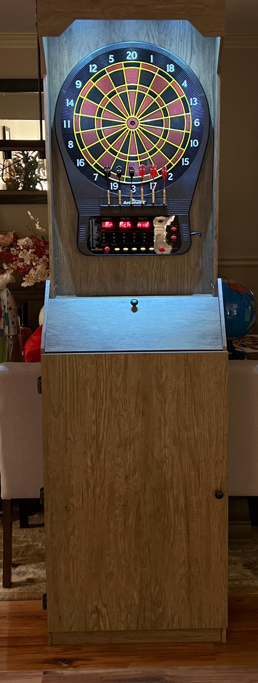 Arachnid Rustic Wood Cabinet: Freestanding LED Unit with E650 Electronic Board. Features 33 Games, 303 Variations, and 8-Player Scoring. Includes 6 Darts and Accessories for a Complete Setup. customer photo 2