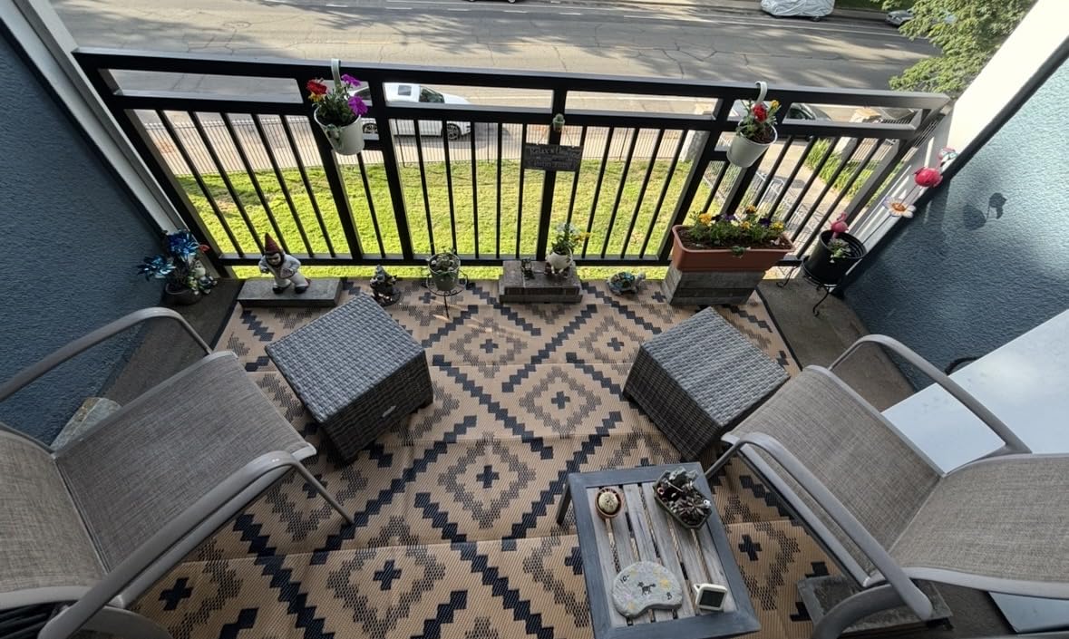 GENIMO Outdoor Rug for Patio - 9x12 Waterproof Large Mat, Reversible Plastic Camping Rug for RV, Porch, Deck, Camper, Balcony, Backyard, Black & Gray customer photo 2