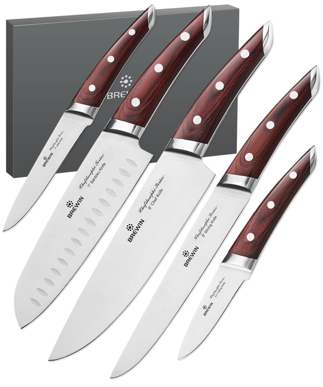 Brewin CHEFILOSOPHI Japanese Chef Knife Set 5 PCS with Elegant Red Pakkawood Handle Ergonomic Design, Professional Ultra Sharp Kitchen Knives for Cooking High Carbon Stainless Steel customer photo 2
