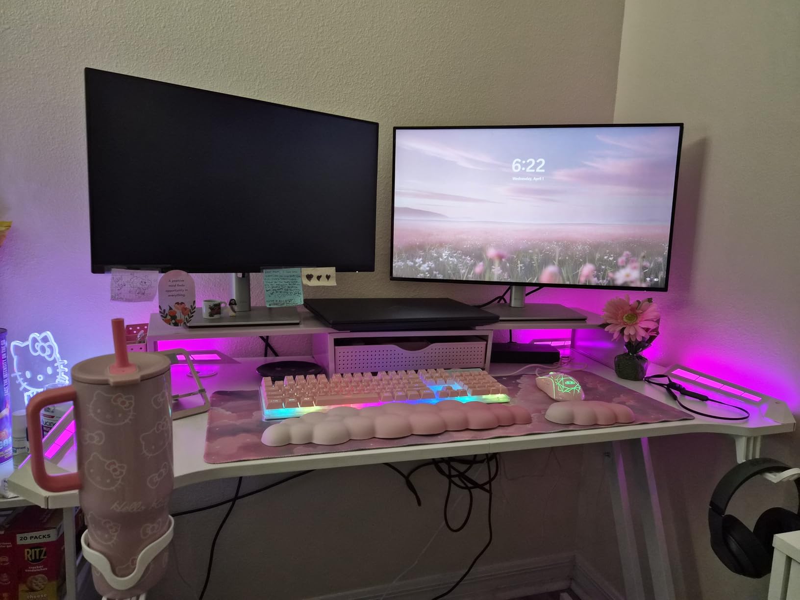 HLDIRECT 47 Inch Gaming Desk with LED Lights, Large RGB Computer Gaming Desk Table with Cup Holder Headphone Hook Mouse Pad customer photo 2