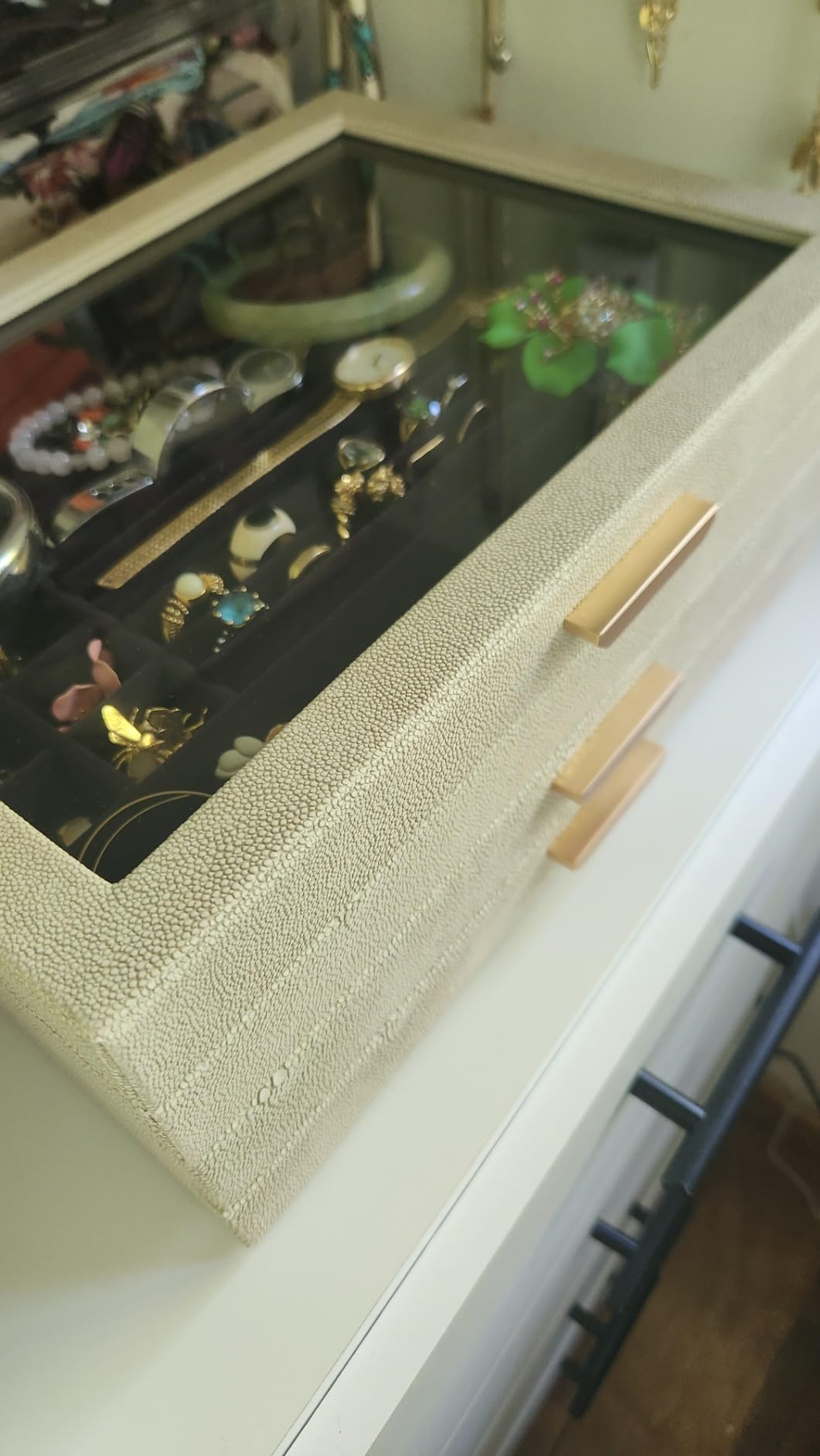 CASE ELEGANCE Large 3 Tier Jewelry Box, Storage Case Organizer for Women Girls Wife, Glass Lid for Earrings Bracelets Rings Necklaces, Shagreen Vegan Leather, Velvet Lined Jewelry Box, Brass Hardware customer photo 1
