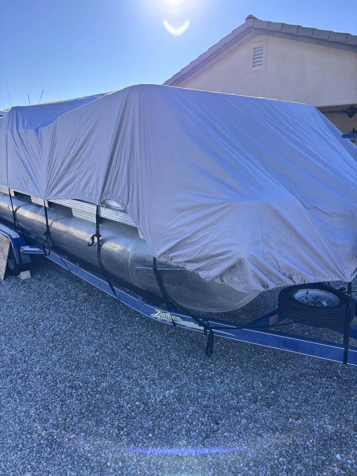 Solim Trailerable 1200D PU Heavy Duty Pontoon Boat Cover, 19-21ft Waterproof Oxford Marine Grade UV Resistant Polyester Canvas Cover, Boat Cover for Pontoon with 16 Adjustable Tie Down Straps, Gray customer photo 2