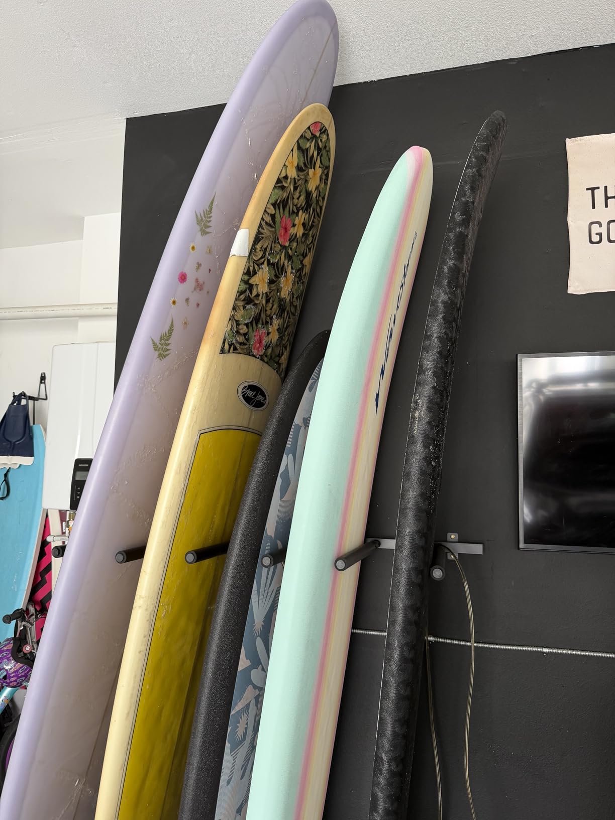 Surfboard Rack Wall Mount 6 Arms/8 Arms, Surfboard Rack for Wall with Rubber Mat, Vertical Paddle Board Storage Holds 6 Boards/8 Boards Storage Mount System at Home and Garage customer photo 2
