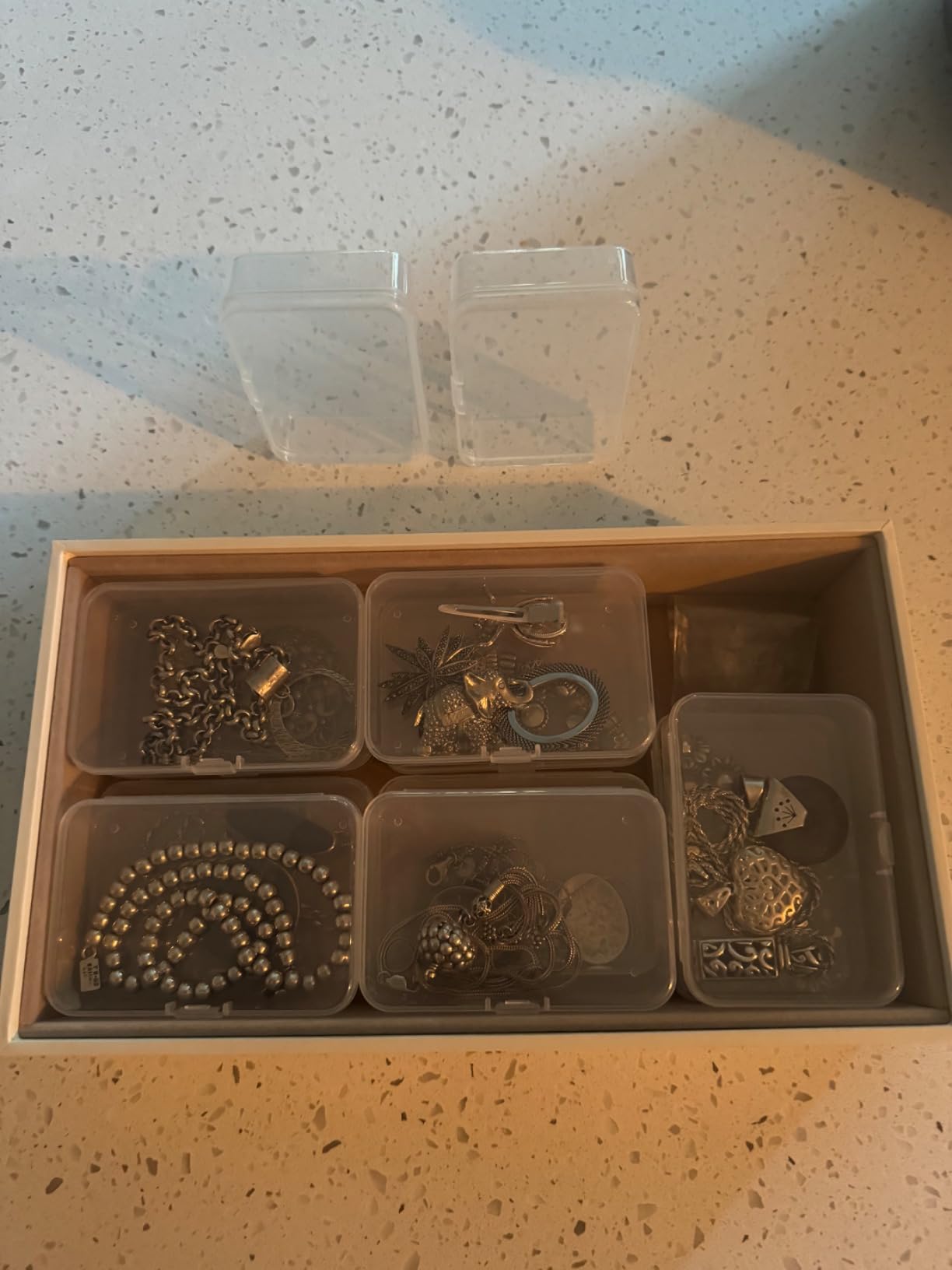 SONGMICS Stackable Jewelry Trays, 4-Tier Jewelry Box, Drawer Jewelry Organizer, with Glass Lid, Removable Dividers, for Vanity Table, 6.7 x 11 x 7.2 Inches, Gift Idea, Cloud White UJBC164W01 customer photo 1