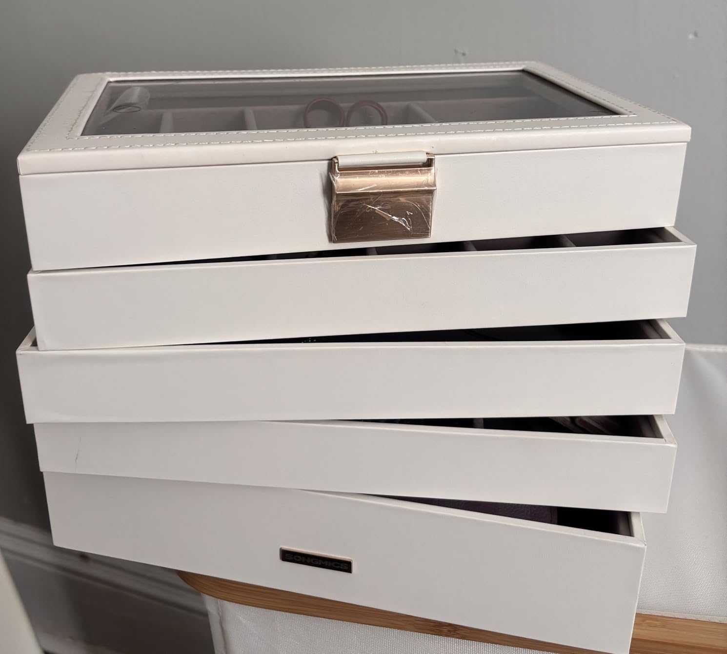 SONGMICS Stackable Jewelry Trays, 4-Tier Jewelry Box, Drawer Jewelry Organizer, with Glass Lid, Removable Dividers, for Vanity Table, 6.7 x 11 x 7.2 Inches, Gift Idea, Cloud White UJBC164W01 customer photo 2