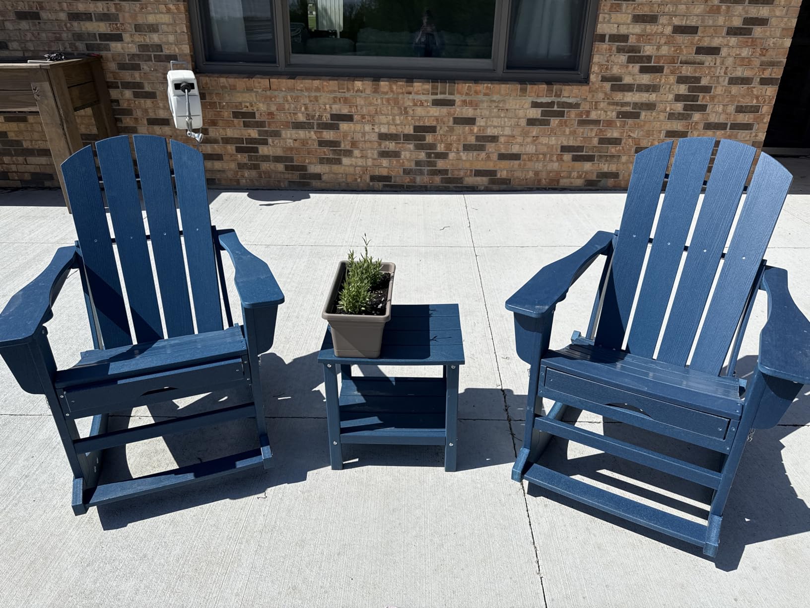 Adirondack Rocking Chair with Retractable Ottoman and Cup Holders, HDPE Adirondack Rocker Patio Rocking Chair for Porch, Patio, Balcony, Deep Blue customer photo 1