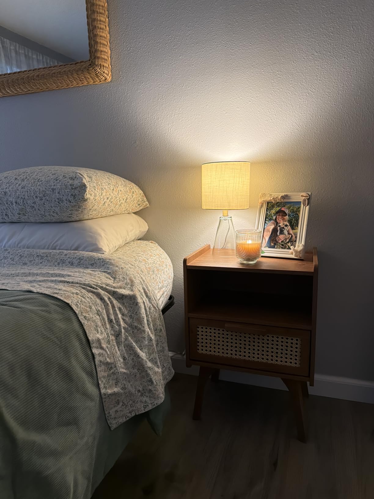 Lerliuo Rattan Nightstand, Boho Side Table with Drawer Open Shelf, Cane Accent Bedside End Table with Solid Wood Legs for Bedroom, Dorm and Small Spaces (Natural) customer photo 2