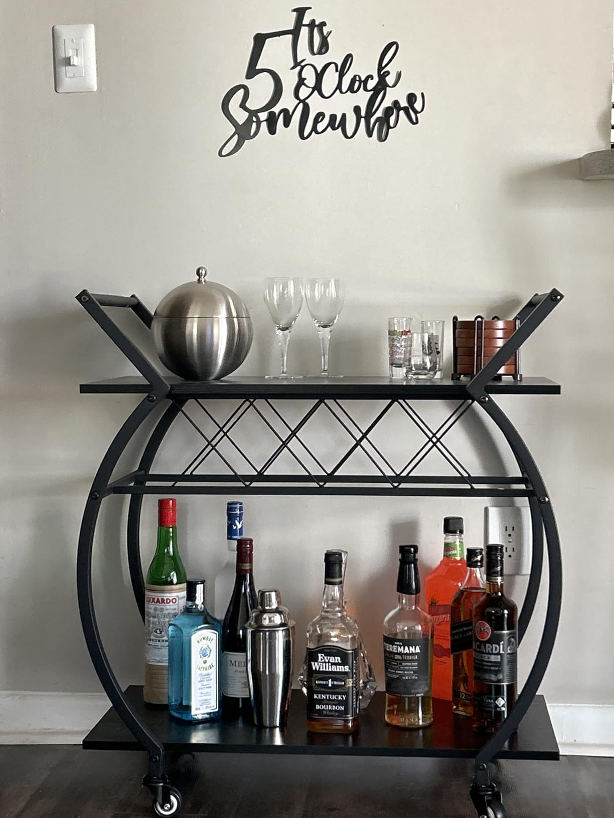LVB Black Wine Cart with Wheels, Modern Bar Cart with Wine Rack, Industrial Beverage Rolling Kitchen Serving Cart with Storage, Metal Wooden Microwave Drink Liquor Cart for Home Dining Room, Black Oak customer photo 2