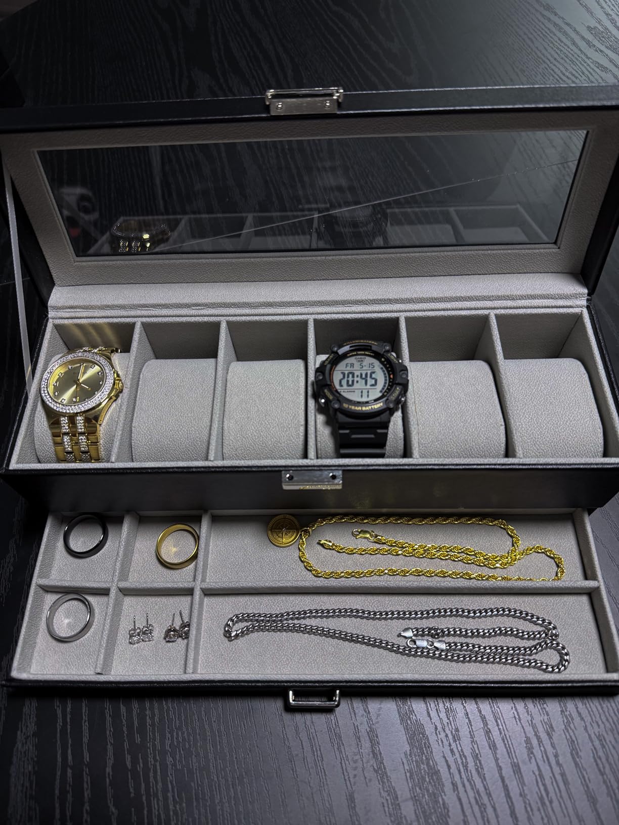 ProCase Watch Box, 6 Slot Watches Display Case with Drawer, Mens Watch Case with Glass Lid, 2-Layer Mens Jewelry Organizer Storage Holder -6 Slot, Espresso customer photo 1