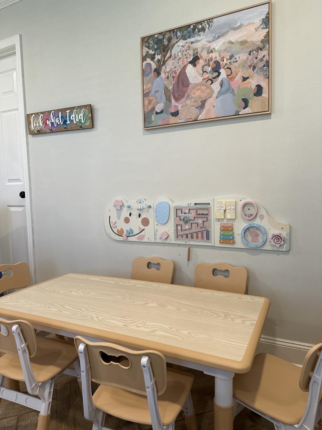 Brelley Kids Table and 6 Chairs Set, Height Adjustable Toddler Desk and Chair Set, Graffiti Desktop, Classroom/Daycare/Home, Children Multi-Activity Table for Ages 2-8 customer photo 1