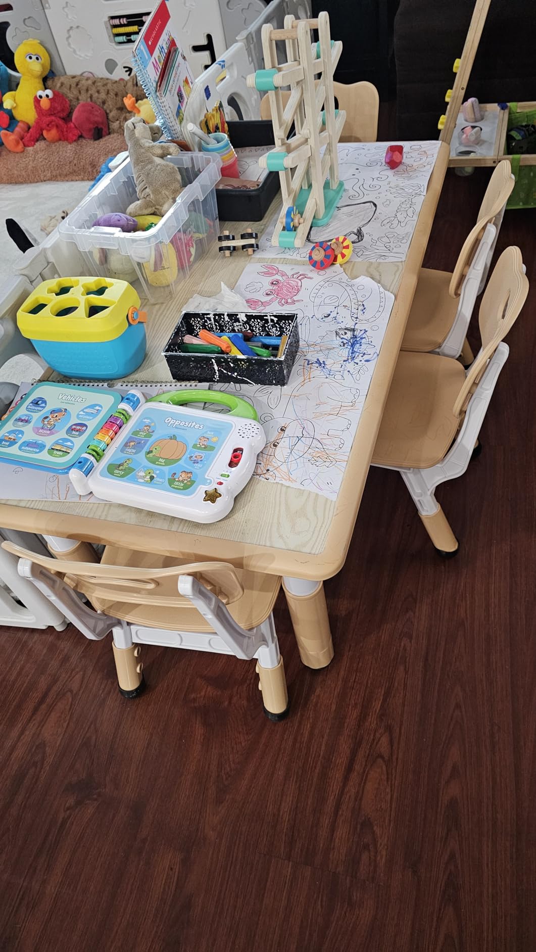 Brelley Kids Table and 6 Chairs Set, Height Adjustable Toddler Desk and Chair Set, Graffiti Desktop, Classroom/Daycare/Home, Children Multi-Activity Table for Ages 2-8 customer photo 2