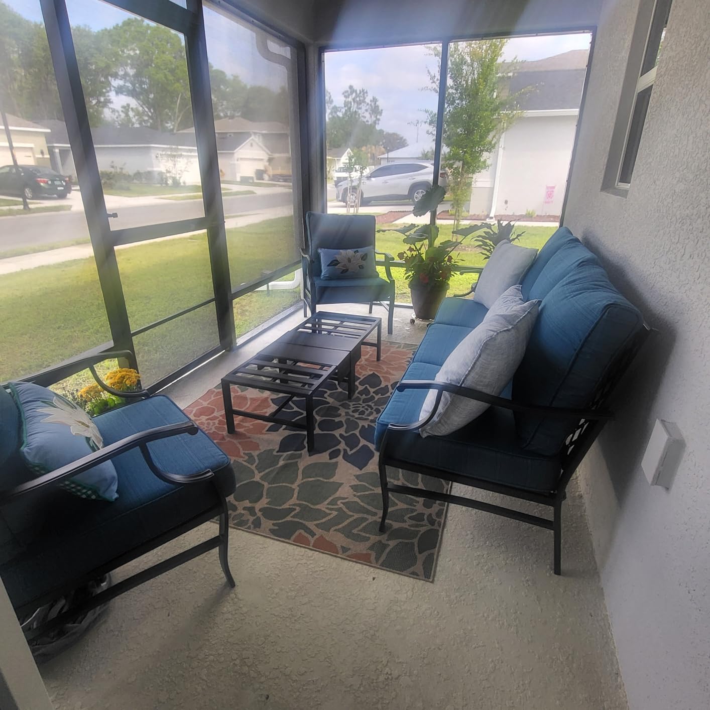 SUNSHINE VALLEY Patio Furniture Set, Modern Metal Outdoor Patio Furniture, 3 Seater Sofa, 2 Swivel Chairs, 2 Ottomans and 5.75