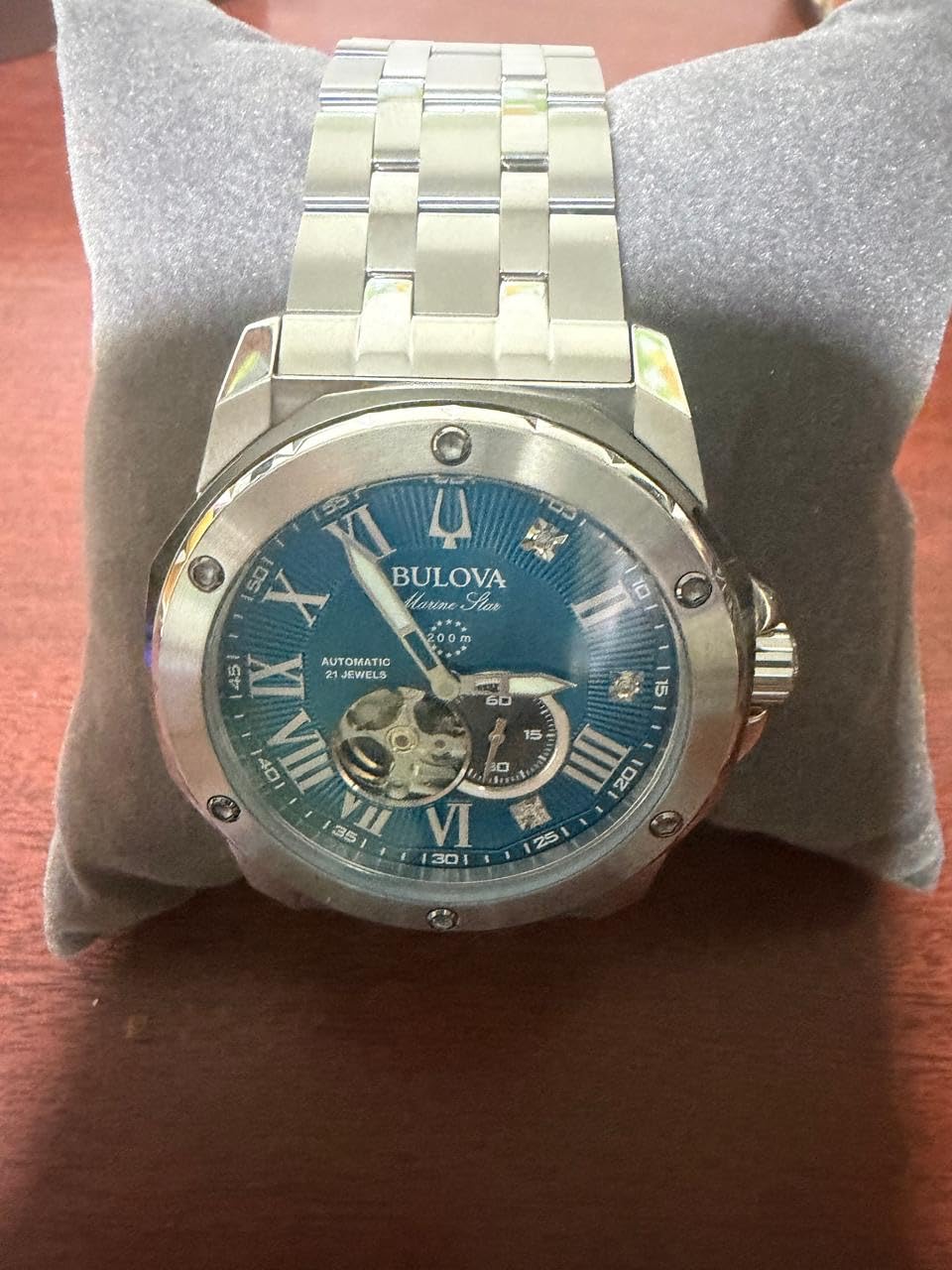 Marc Anthony Men's Automatic Marine Star Stainless Steel Watch, Open Aperture, Exhibition Case Back, Diamond Accent Blue Sunray Dial (Model: 98D184) customer photo 1