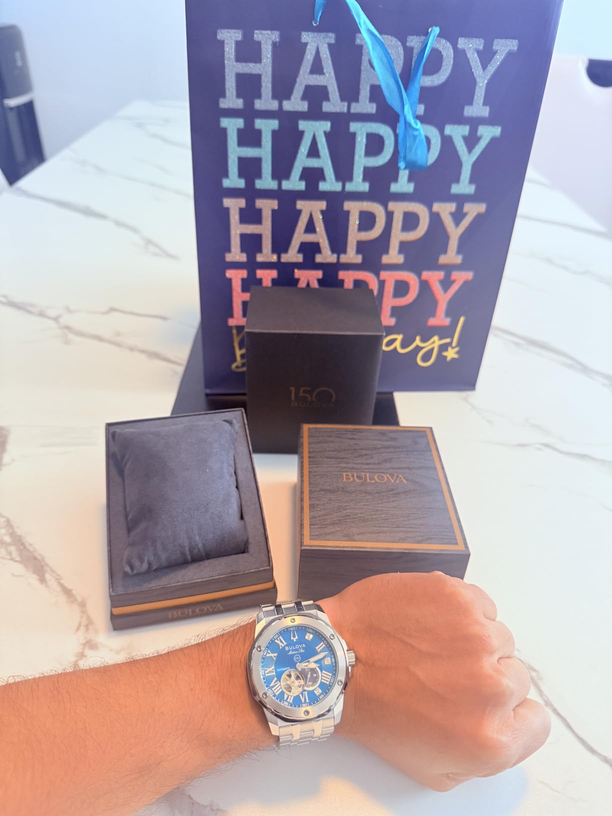 Marc Anthony Men's Automatic Marine Star Stainless Steel Watch, Open Aperture, Exhibition Case Back, Diamond Accent Blue Sunray Dial (Model: 98D184) customer photo 2