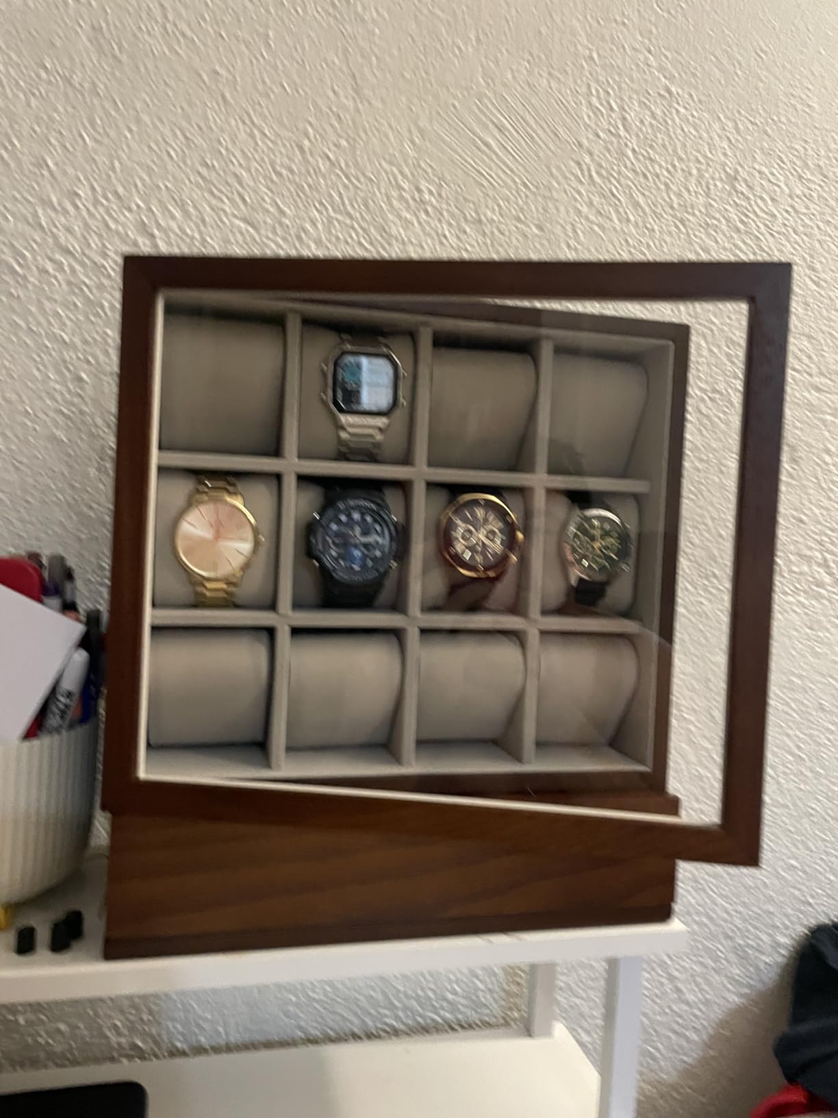SONGMICS 12-Slot Watch Box, Watch Display Case with Window, Solid Wood Veneer, Velvet Lining, Vertical Storage, Space Saving, Gift Idea, Coffee Brown UJOW014K01 customer photo 1
