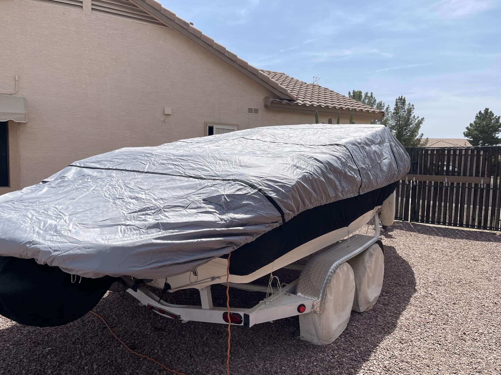 RVMasking Boat Cover, Ultra-Thick 1600D Polyester Canvas with Double PU Waterproof Coating, Fits 20-22ft Tri-Hull, V-Hull, Runabout, Fish & Ski Boat, Bass Boat, Gray customer photo 2