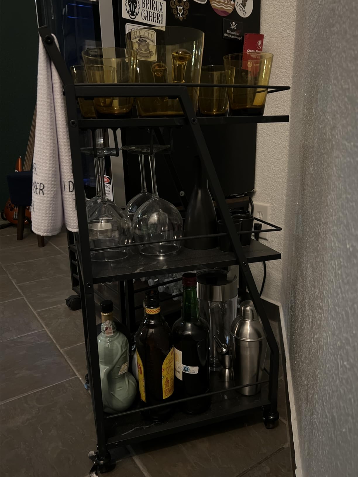 YATINEY Bar Cart, 3-Tier Home Bar Serving Cart with Wheels, Drink Cart with Glass Holder, Beverage Cart, Rolling Kitchen Cart, for Home, Living Room, Marble Black and Black BC03BM customer photo 1